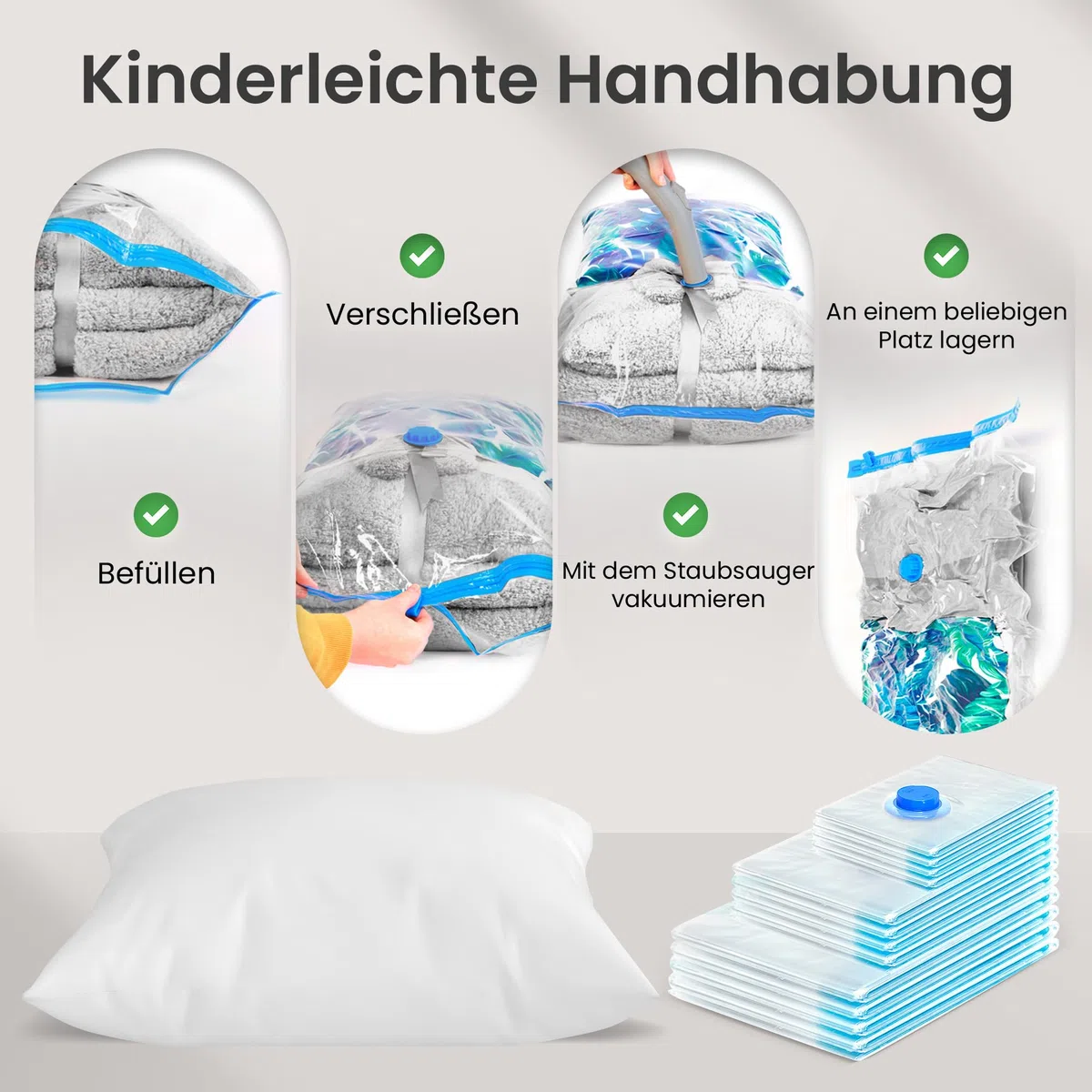 Vakuumbeutel Kleidung 12er Set 3 Größen - Vakuum Beutel für Staubsauger Wiederverwendbar 100% Dicht & Robust | Reise Kompressionsbeutel Kleiderbeutel Aufbewahrungsbeutel Vakuumtüten Kleidersack XL