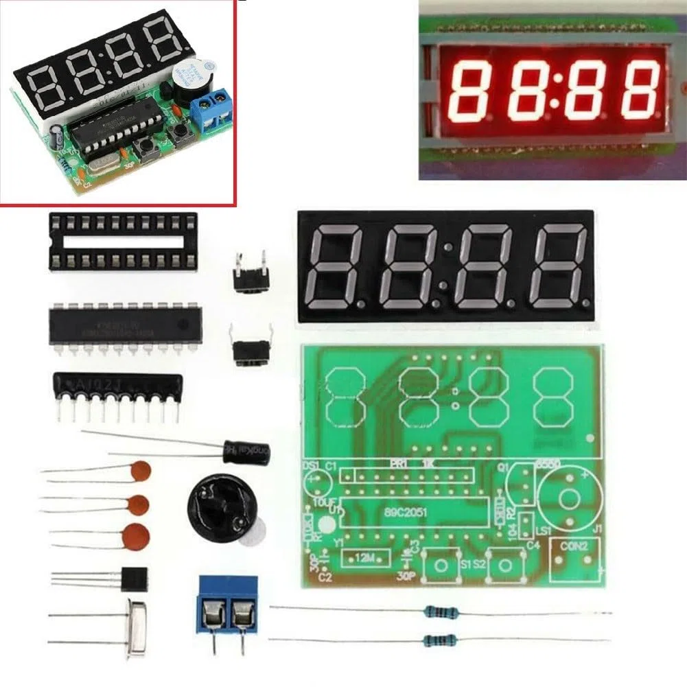 AT89C2051 4-Bit Digital Elektronische Uhr DIY Löten Kit, 0,56 Zoll rote LED-Anzeige, FR-4 PCB Übungsbrett für Fähigkeitstraining