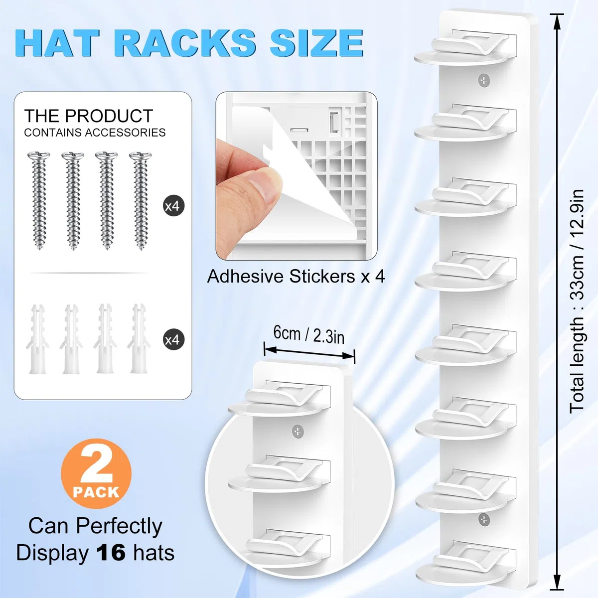 Eiito Hut-Organizer für Baseballkappen, 2 Stück, stark klebend, Hutablage für Wand, mehrschichtige Hutaufbewahrung, Wandmontage, Huthaken für bis zu 16 Hüte für Schranktür und Schlafzimmer (White)