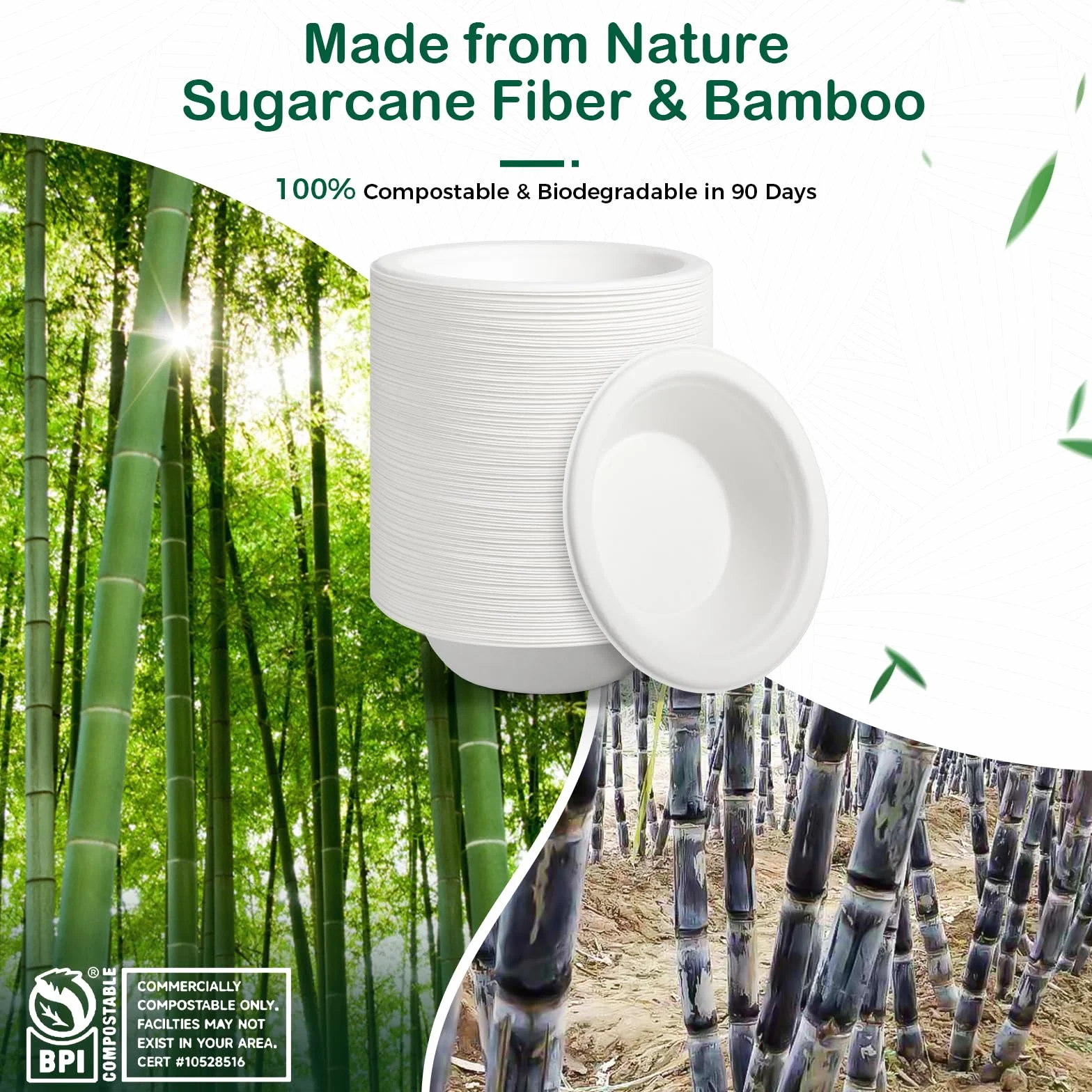 Kompostierbare Papierschüsseln, robust, biologisch abbaubar, aus Bagasse, umweltfreundlich, mikrowellen- und gefriergeeignet, 473 ml, 128 Stück (BPI-zertifiziert)