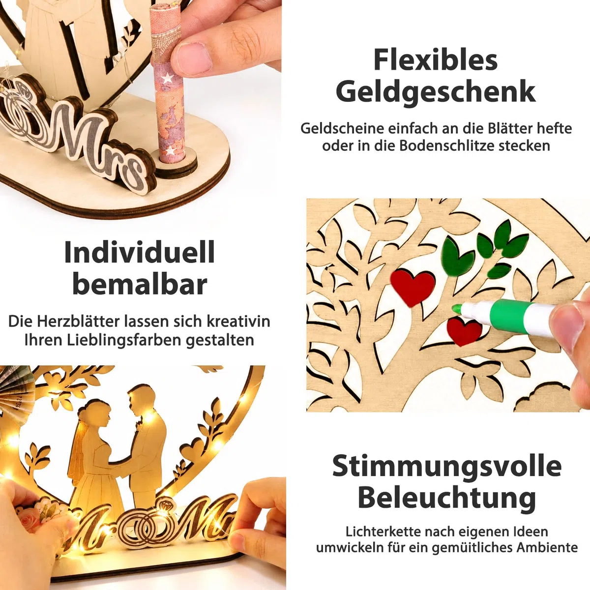 Giftota Geldgeschenk Hochzeit mit LED Lichterkette - Originelle Hochzeitsgeschenke für Brautpaar - Mr und Mrs Geschenk - Geldgeschenke zur Hochzeit Holz Paar Geschenke