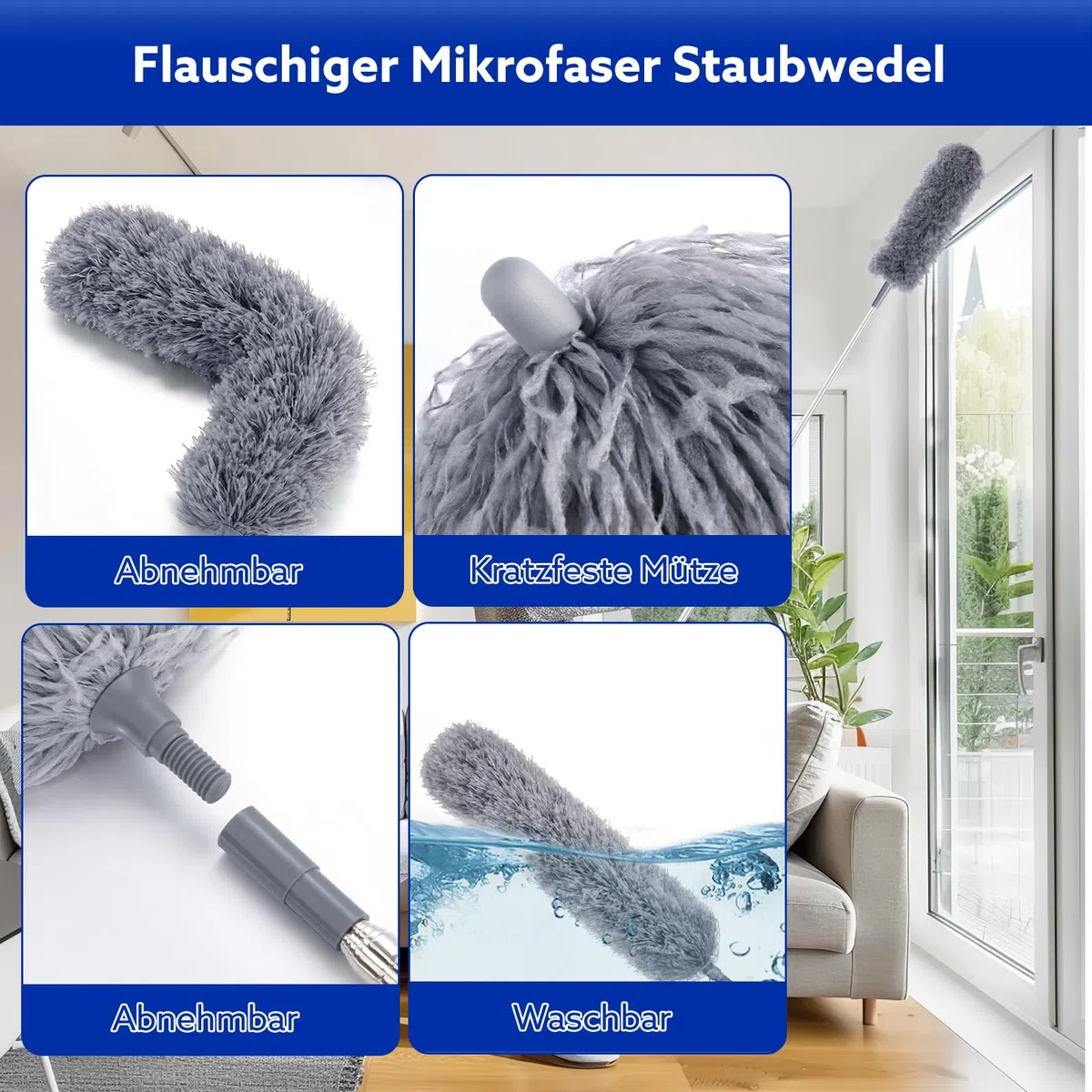 Wlich 8 Teiliges Staubwedel Teleskop Mikrofaser, Staubwedel Lang Ausziehbar mit Teleskopstange bis 250cm Staubwischer Waschbar für Spinnweben Hohe Decken Lücken, Wiederverwendbares Reinigungsset