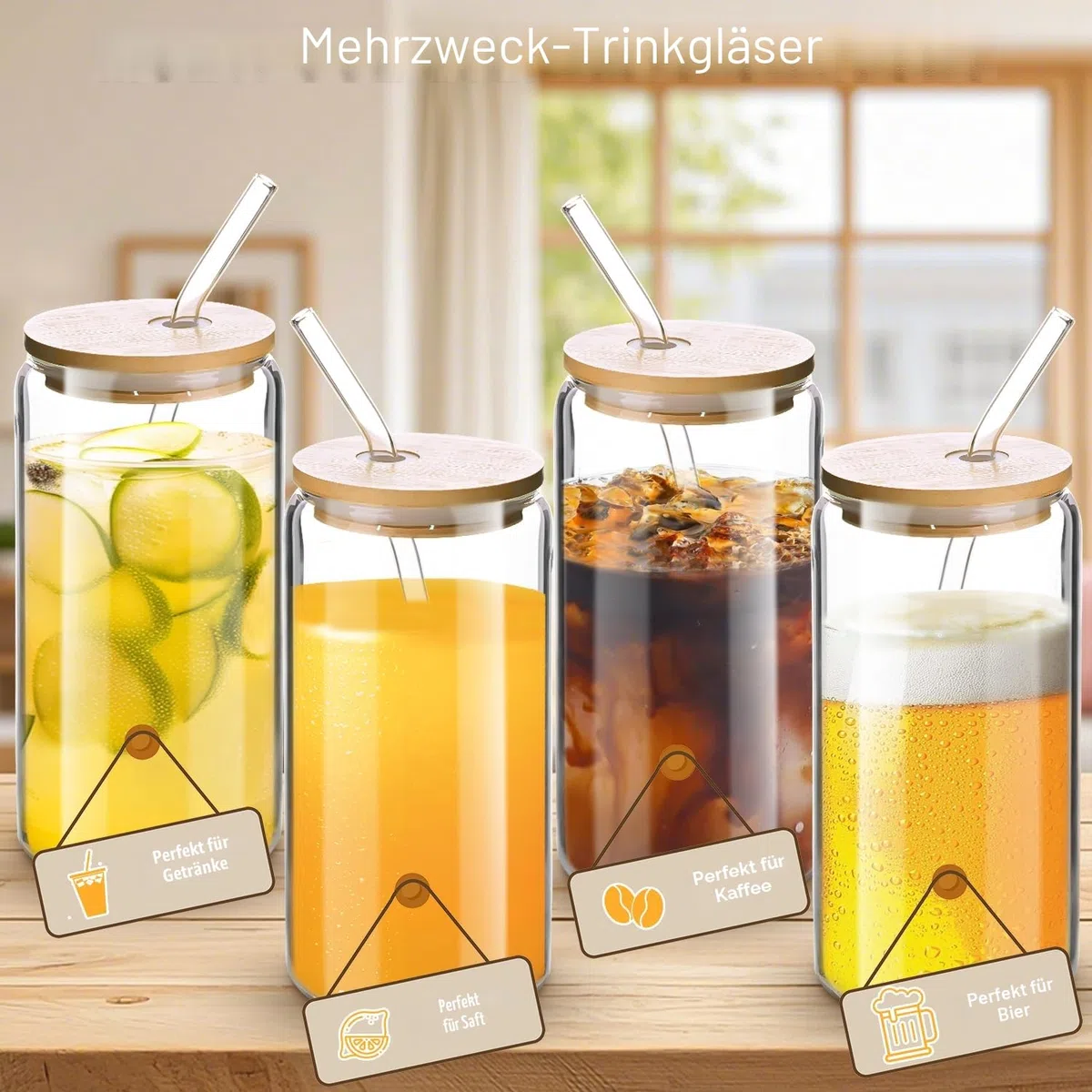 4 Stück Glas mit Deckel und Strohhalm, 500 ml/16oz Trinkglas mit Deckel, Iced Coffee Glas für Cocktails, Eiskaffee, Soda, Säfte