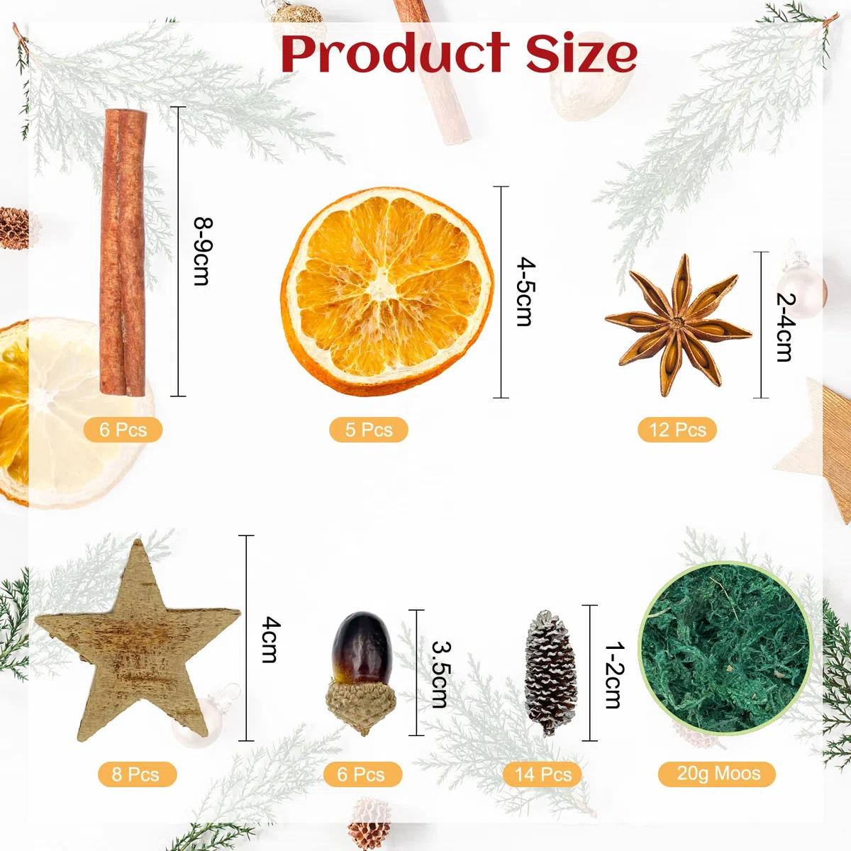 Apragaz 52 StüCk Weihnachtsdeko Adventskranz Deko Set, Natur Dekoration Mit Stern aus Birkenrinde Orangenscheibe, Zeder, Anis, Zimt, Eichel, DunkelgrüNes Moos Deko Weihnachten