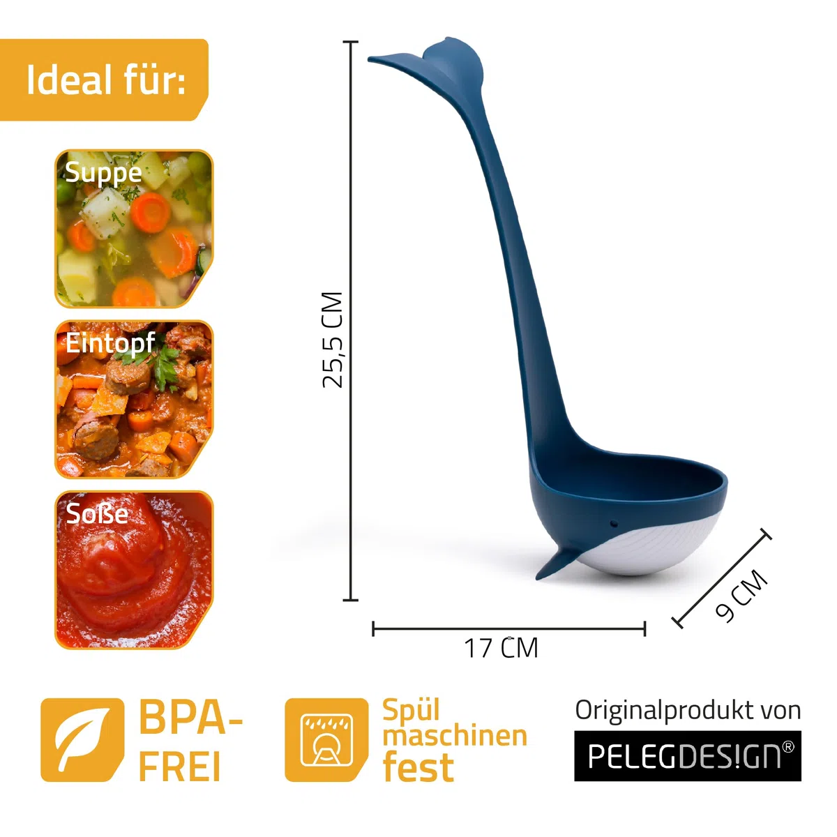 PELEG DESIGN Souper Schöpfkelle – Lustige Suppenkelle in Wal-Form – Zum Kochen & Servieren von Suppen, Eintöpfen & Bowle – Originelles Küchen-Gadget