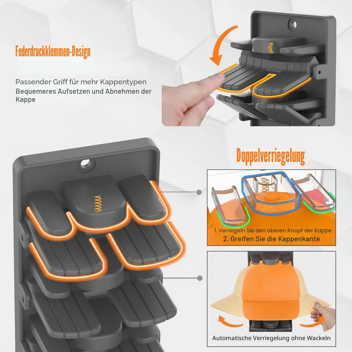 Hutorganizer für Baseballkappen 2er-Pack mit integrierten Federclips - Wandmontage Schrank-Hutständer-Halterung, Aufbewahrung für Tür/Schrank Display Hutständer Aufhänger (Starker Klebstoff