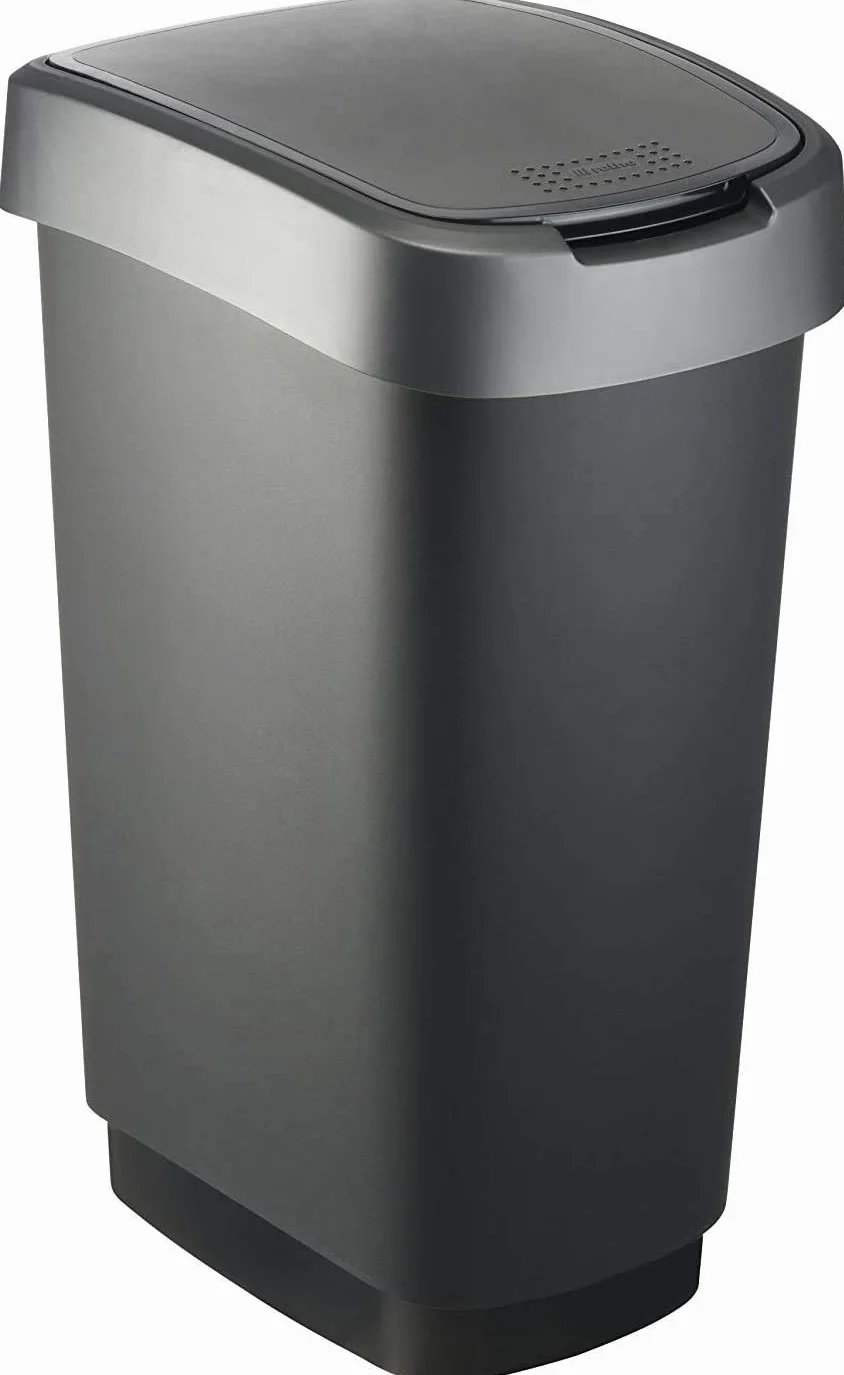 Rotho Twist Mülleimer mit Deckel 50l | Abfalleimer Küche und Recycling Center | mit Schwingdeckel und Klappdeckel | schmal & platzsparend | leicht zu reinigen | silber