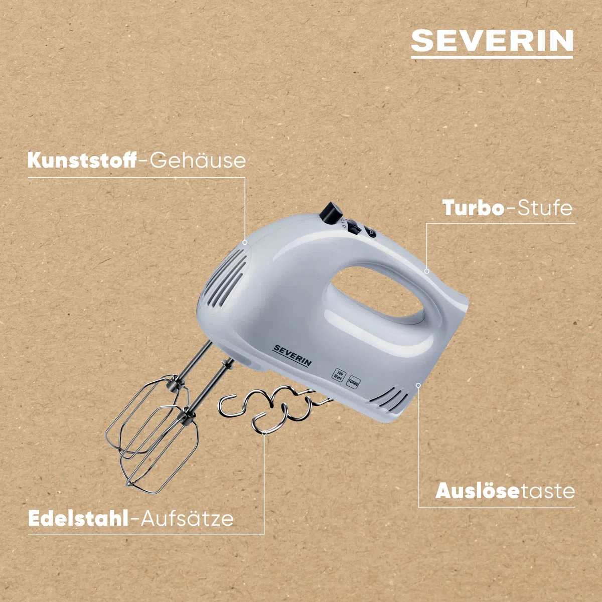 SEVERIN Handmixer, Handrührgerät mit 5 Geschwindigkeitsstufen, praktischer Handrührer mit 2 Edelstahl-Rührbesen und -Knethaken, weiß, HM 3820