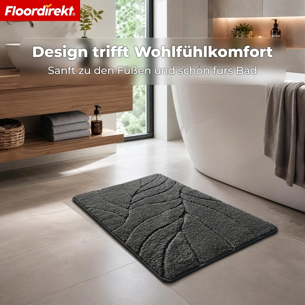 Floordirekt Badteppich - extra flauschig & schnelltrocknend - Badezimmerteppich mit rutschhemmender Rückseite - Badematte Duschvorleger (Maris) (Dunkelgrau, 60 x 120 cm)