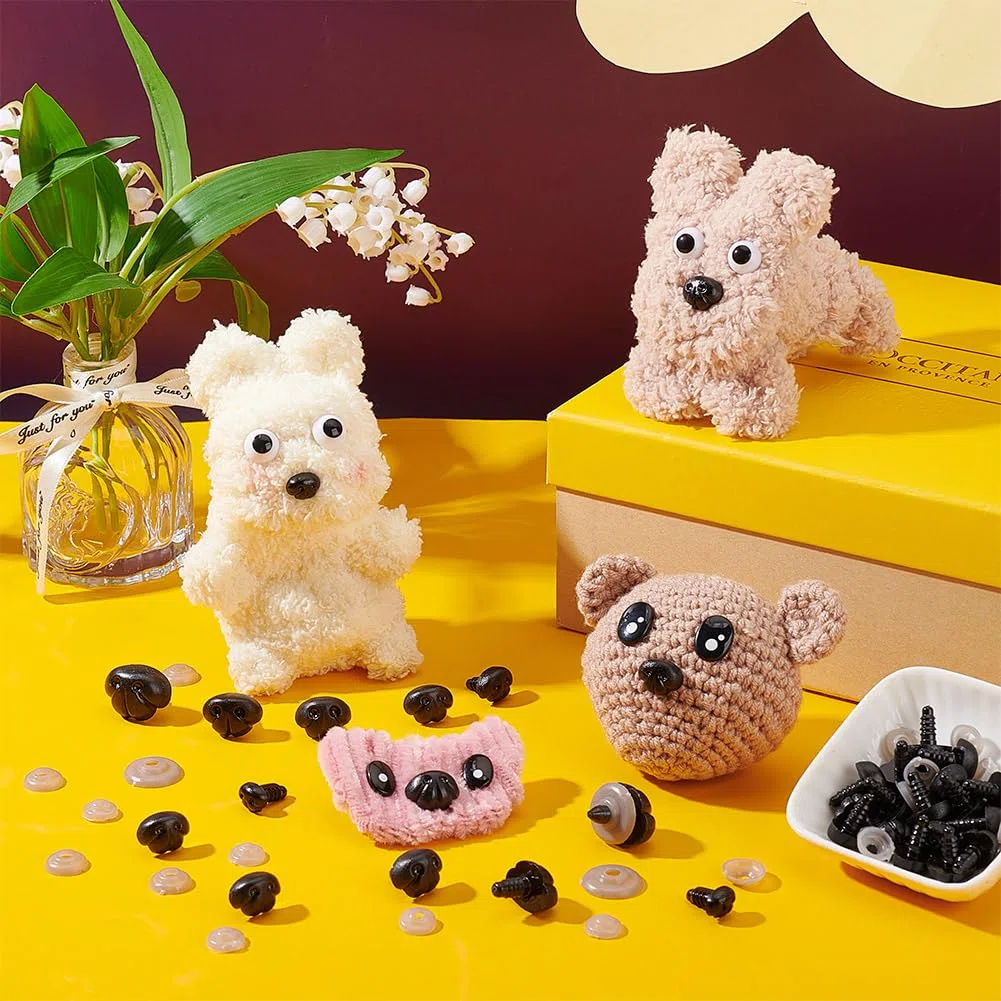 AHANDMAKER 70 Stück Sicherheitsnasen In 6 Stilen Schwarze Bastelnase Mit Abstandshalter 9mm 11.5mm 13mm 15mm 15.5mm 18.5mm Für Amigurumi Häkelbären Puppen Stofftiere