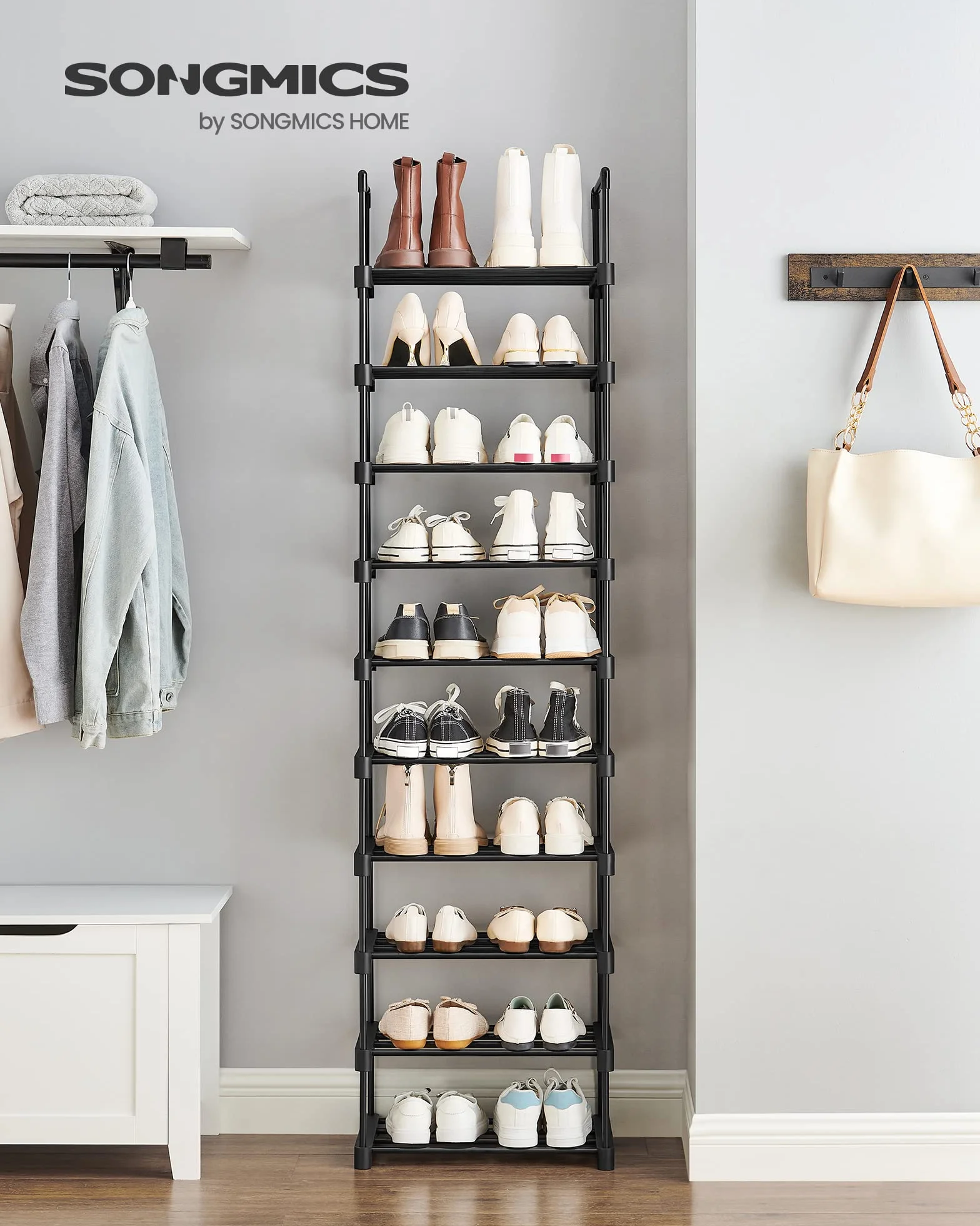 SONGMICS Schuhregal mit 10 Ebenen, offener Schuhschrank hoch, Schuhständer schmal, Schuhaufbewahrung, aus Metall, platzsparend, für Ankleidezimmer, Flur, 30 x 45 x 174 cm, schwarz LSA25BK