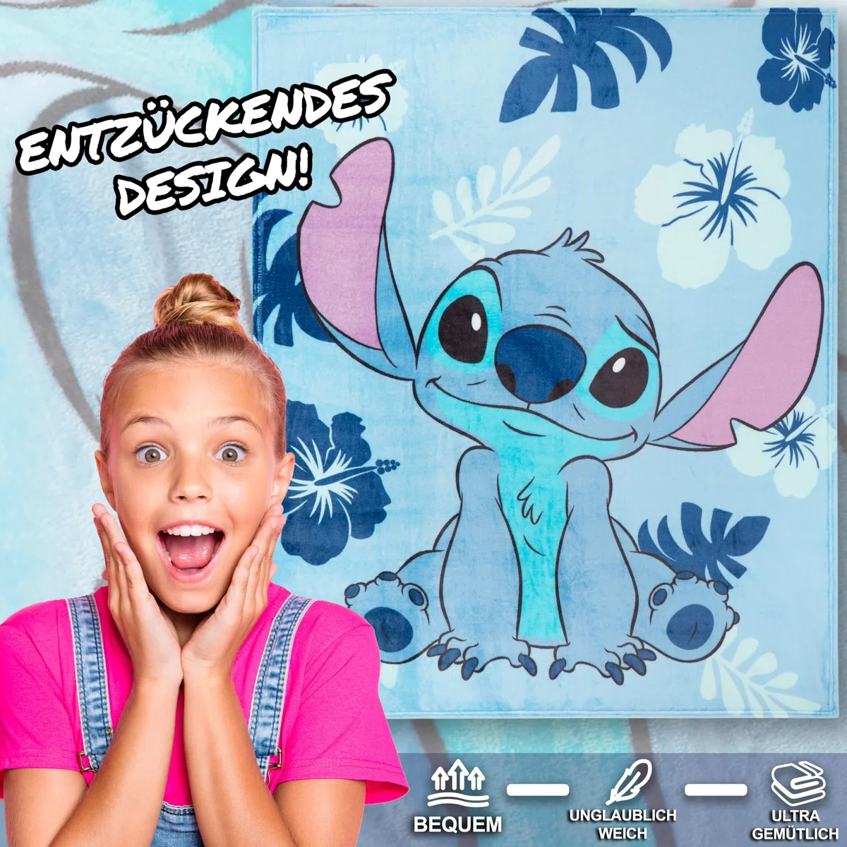 Disney Stitch Fleecedecke Klein Warme Kuscheldecke Flauschig Wohndecke Bunt für Bett, Couch Gemütliche Winter 150x130cm Stitch Geschenke (Hellblau Stitch)