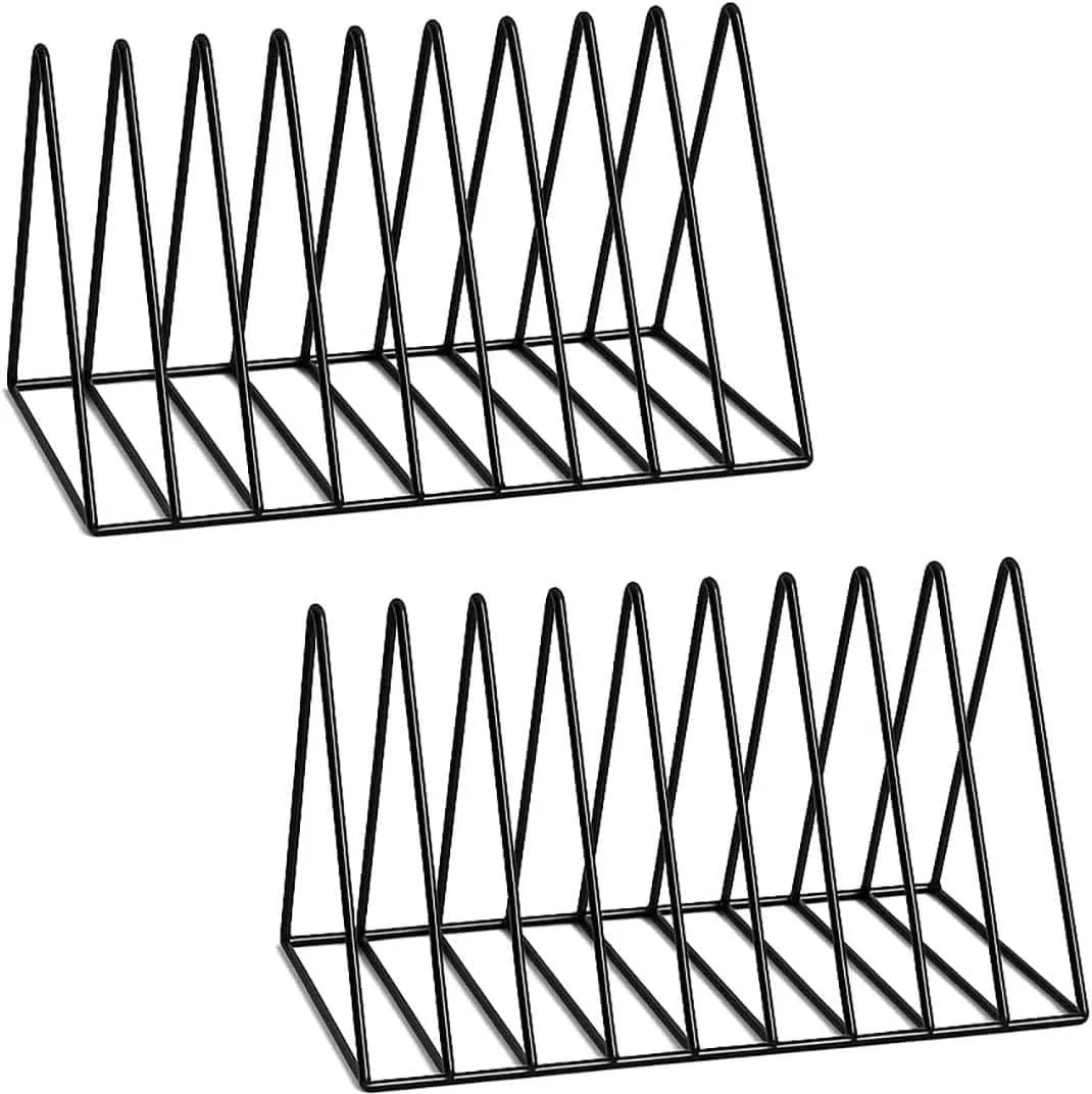 Schallplattenständer 2er Set, Buchstützen Metall 9 Fächer Dreieck, Zeitschriftenhalter Schwarz, Plattenständer Vinyl Halter, Magazinhalter Zeitschriftenständer Büro
