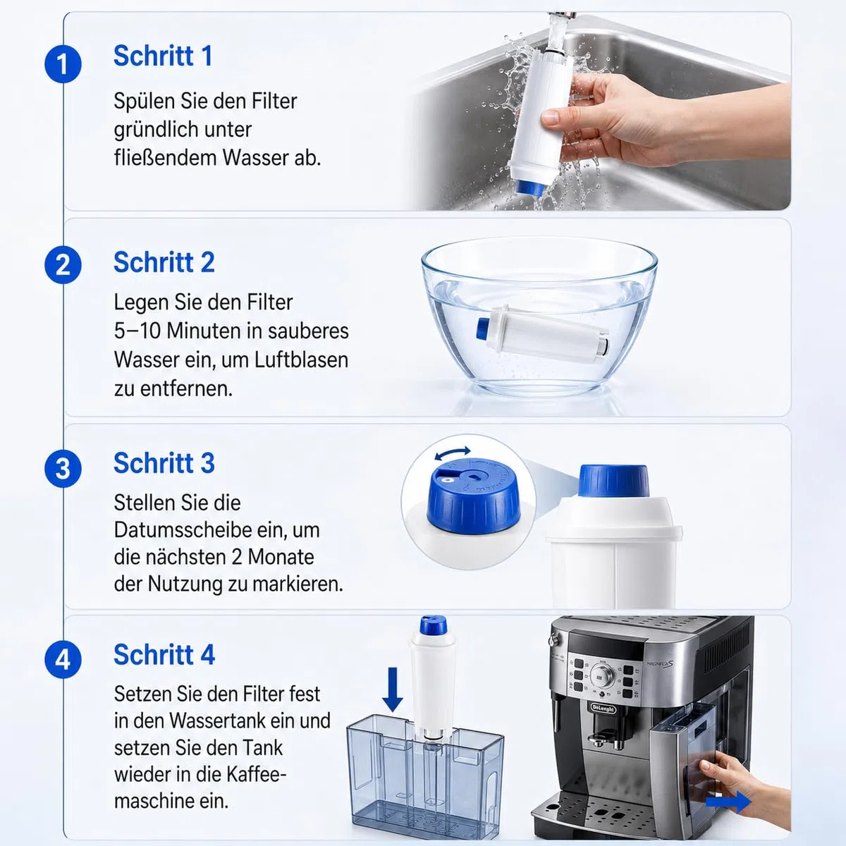 Wasserfilter, Ersatz für Delonghi DLSC002 Filter, kompatibel mit Delonghi Dinamica, Magnifica S, Eletta Explorer, ETAM Autentica EPAM und ECAM-Serie Kaffeeautomat