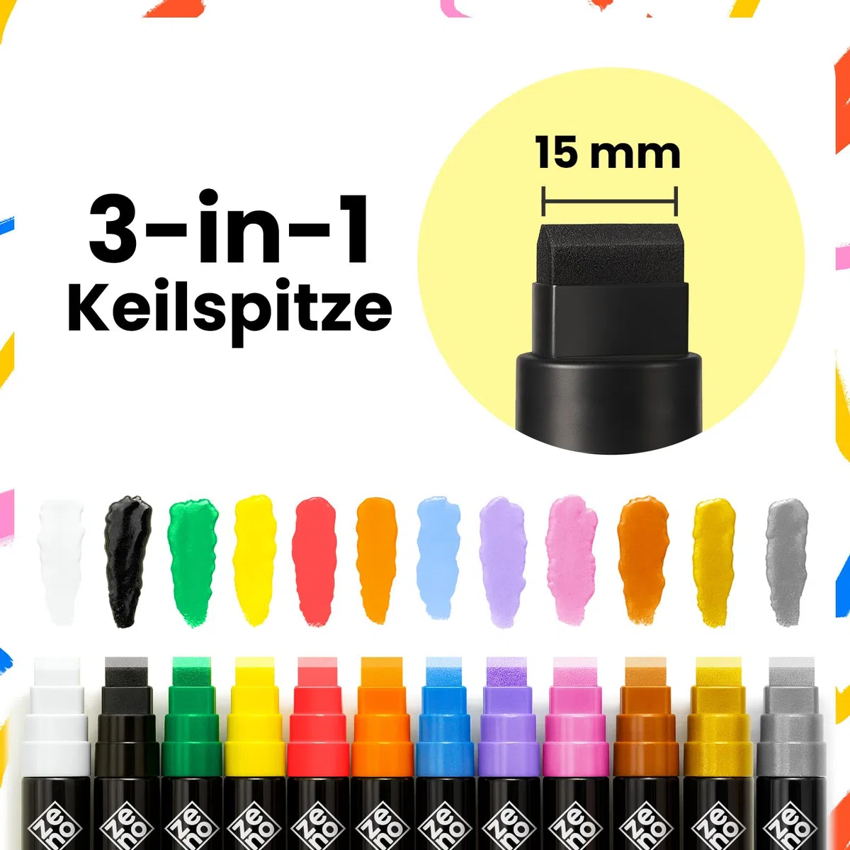 ZENO Jumbo Acrylmarker – 12 Farben, 3-in-1 Chisel-Spitze (15 mm), Wasserfeste Marker für Kinder & Künstler, Dicke Acrylstifte für Poster, Holz, Stoff, Glas, Stein & DIY