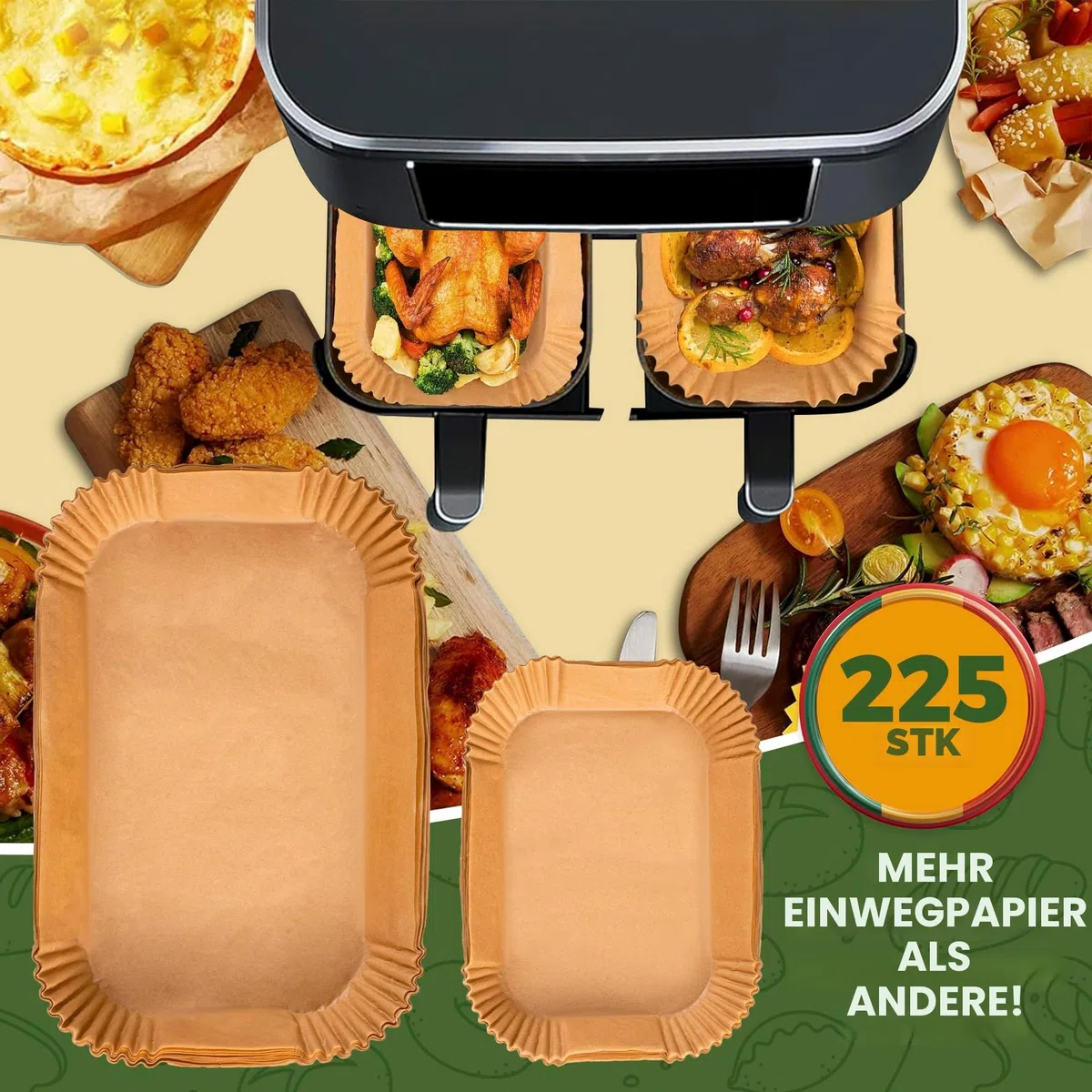 Pietuley 225 Stück Backpapier für Heißluftfritteuse Ninja Foodi Flexdrawer AF500EU 10,4L, Hot Air Fryer Accessories für Cosori Dual Blaze Twinfry 10L, Ninja Heißluftfritteuse AF500EU Zubehör 10,4L