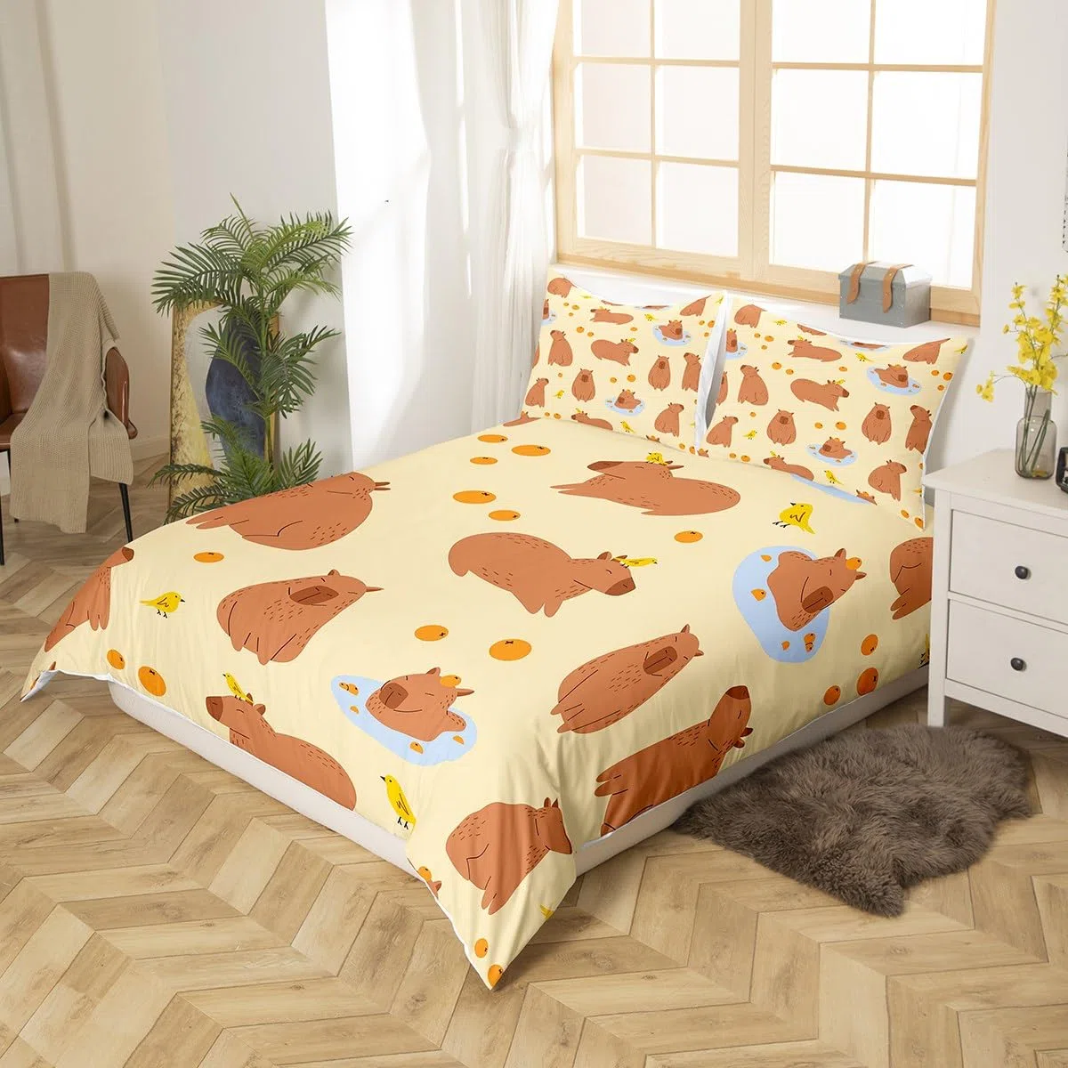 Homewish Capybaras Bettbezug 135x200 Nette Braune Capybaras Trösterbezug für Kleinkinder Teens Jugend, Cartoon Vogel Capybara Orangen Bettwäsche Sätz mit 1 Kissenbezug, Gelbbraun