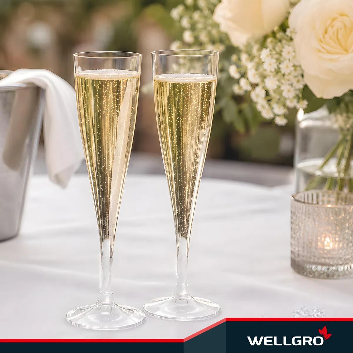WELLGRO Sektgläser Set aus Kunststoff 100ml mit Eichstrich Sektkelch glasklar BPA-frei Mehrweg Wiederverwendbar Champagner Prosecco, Stückzahl:30 Stück