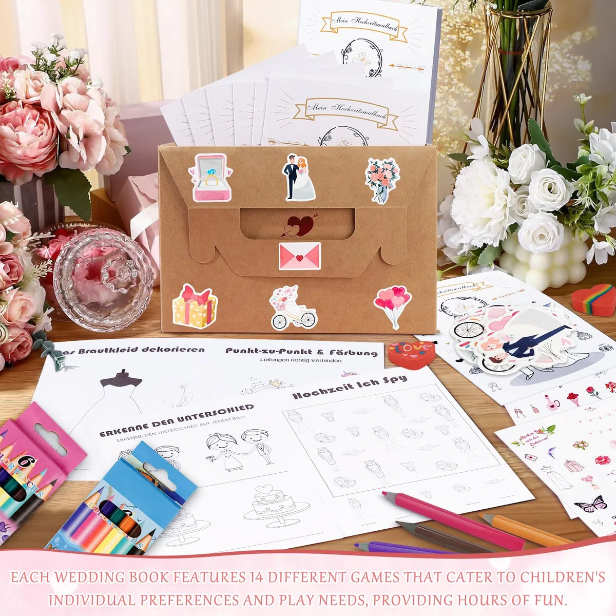 10er Set Gastgeschenke Hochzeit für Kinder,Hochzeitsmalbuch Kinder,Hochzeit Gastgeschenk,Hochzeit Kinder Beschäftigung,mit Buntstifte und Spitzern,Hochzeit Mitgesbel Malbuch für Kinder