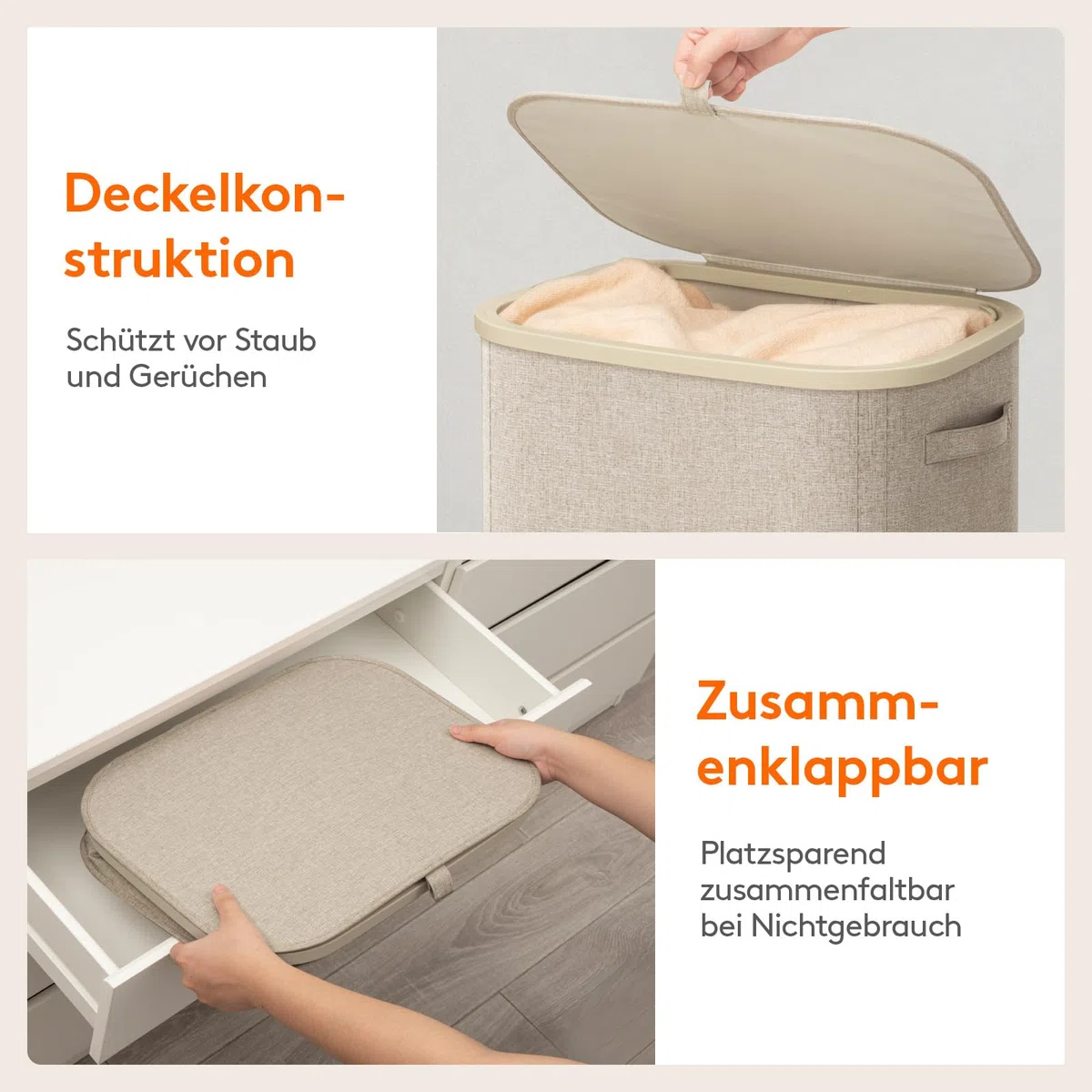 Lifewit 105L Wäschekorb mit Deckel, hoher Wäschekorb mit Kunststoffrahmen, faltbarer großer Wäschekorbsammler, Wäschekörbe für Schlafzimmer, Bad, Beige