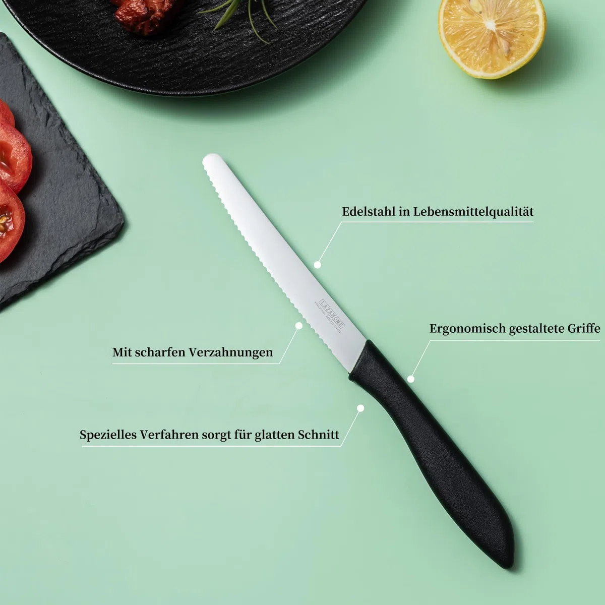 Tafelmesser mit Wellenschliff Set 12-teilig，Professionelles Tafelmesser aus Scharf Edelstahl，Komfortabler Griff，Für Brot, Tomaten, Obst & Pizza, Leicht Zu Reinigen, Schwarz