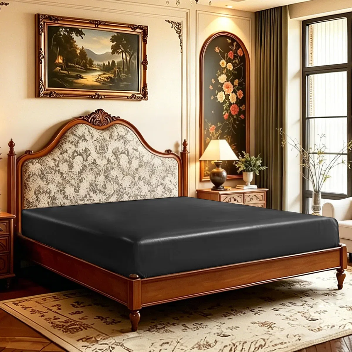 Lirex Satin Spannbettlaken 180x200cm, Seide Spannbetttuch Luxuriös und Seidig Glatt Weiche Microfaser Bettlaken für bis 35cm Matraze, Schwarz