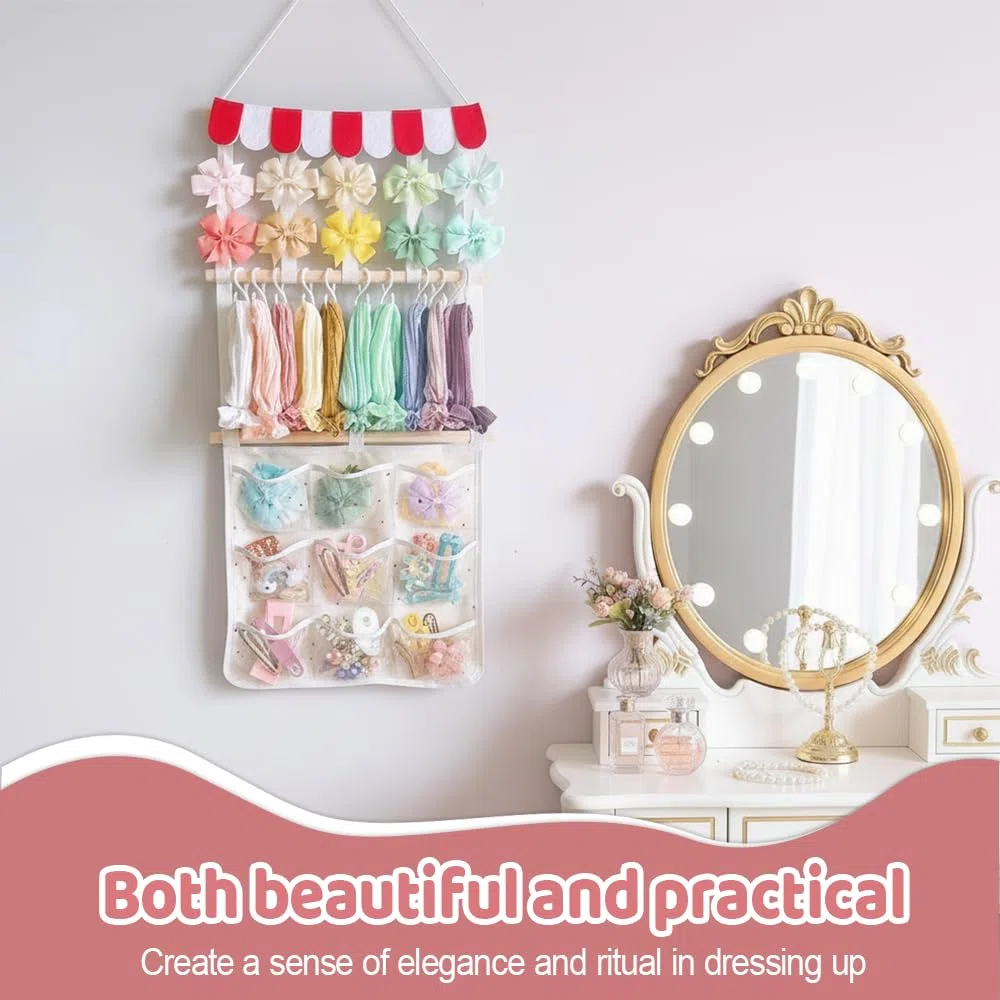 MiOYOOW Hängender Stirnbandhalter, Haaraccessoire Organizer, Boho Stirnband Aufbewahrungsregal mit 10 Haken und 9 Netztaschen für Haarspangen, Haarbänder und Haargummis