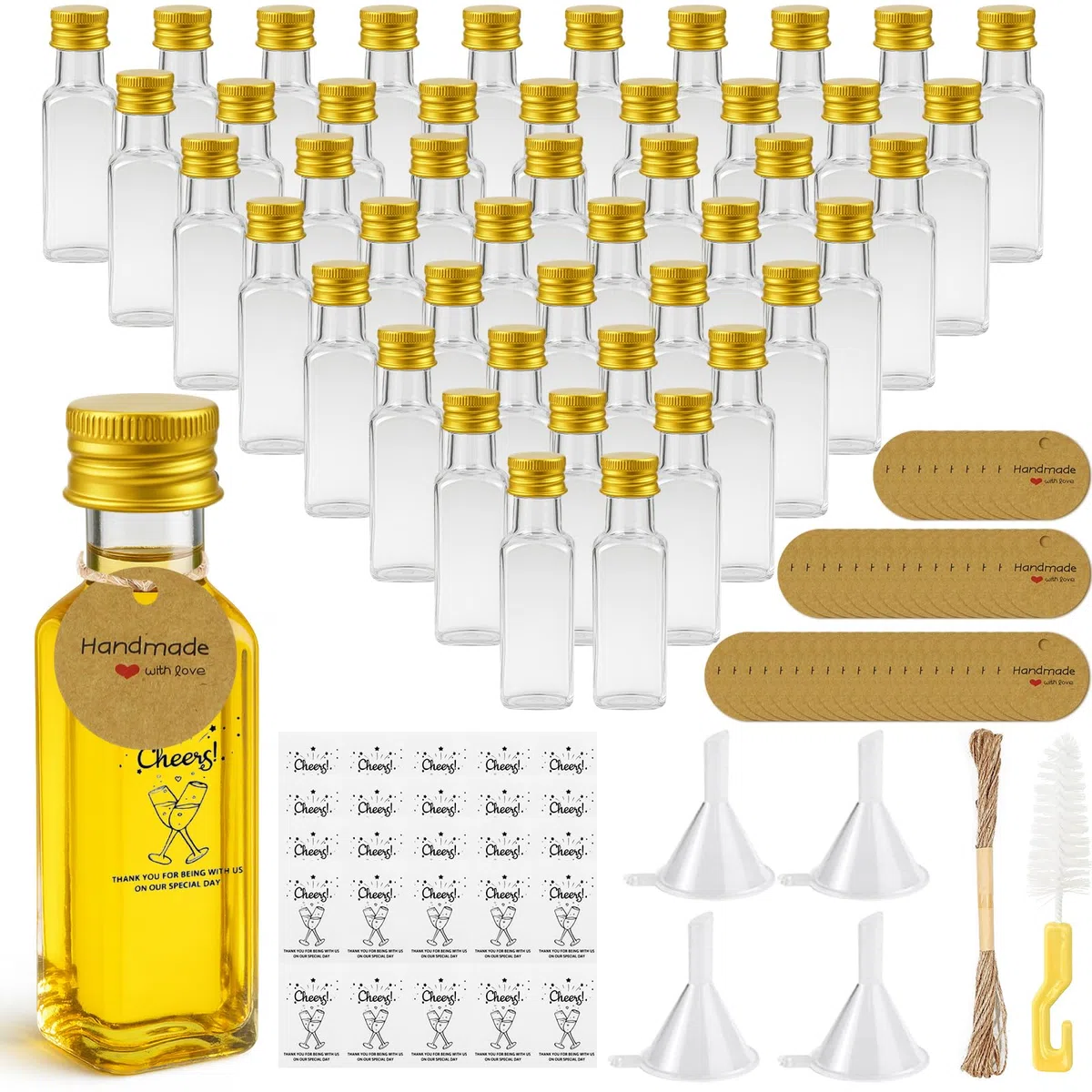 54 Stk 25ml Kleine Flaschen zum Befüllen Kunststoff mit Aluminiumdeckel, Kleine Schnapsflaschen zum Befüllen, Wiederverwendbare Mini Flaschen Likörflaschen mit Etikett für Hochzeiten Party