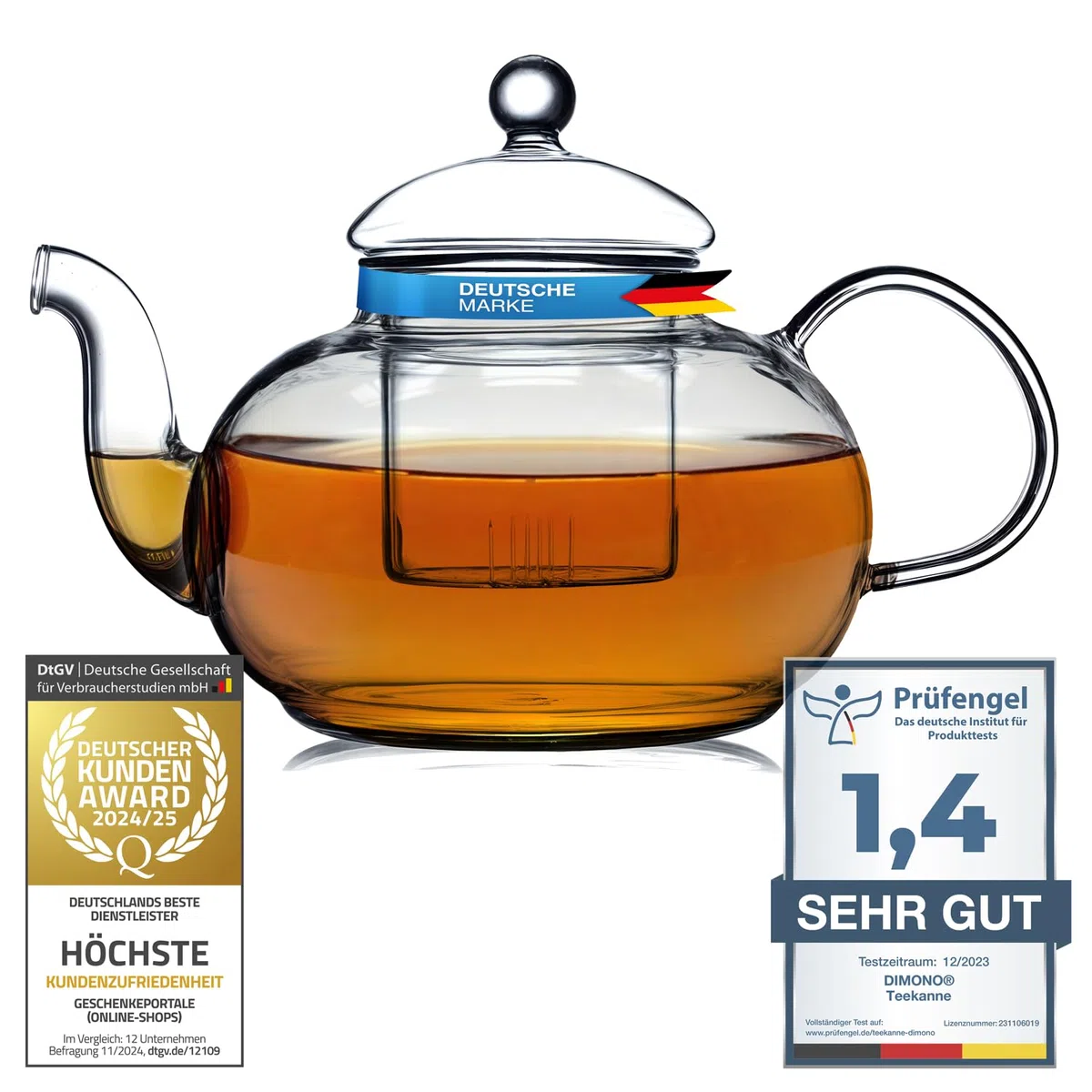 Mundgeblasene Teekanne mit Teefilter & Teesieb Kanne mit Filtereinsatz aus Glas von Dimono; 1500 ml