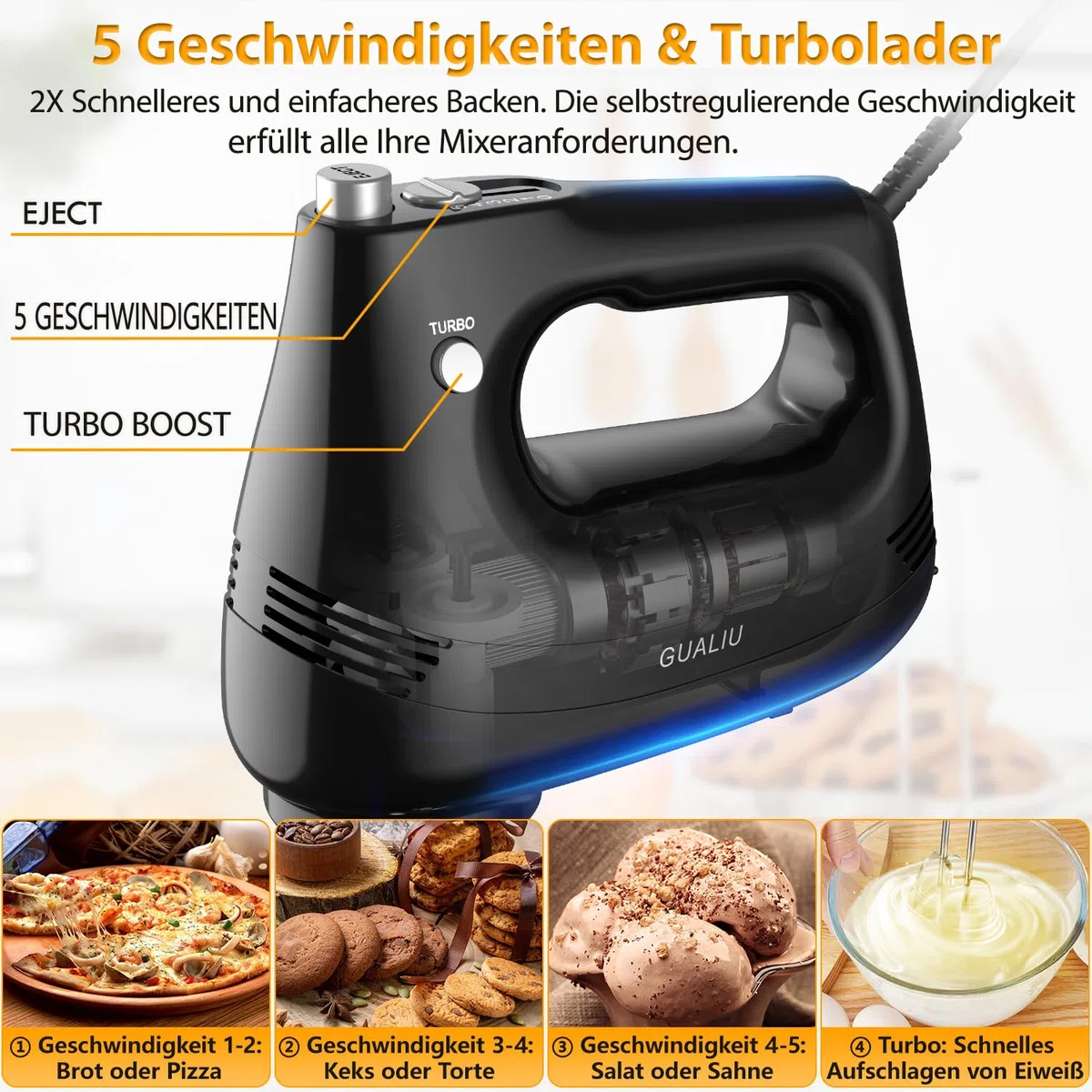 Elektrischer Handmixer 300W mit Edelstahl Schneebesen, Knethaken, Elektrische Handrührer,Turbo Boost /5 Geschwindigkeit, Handrührgerät für Backen Kuchen, Eier Sahne Lebensmittel-Mixer (Schwarz)