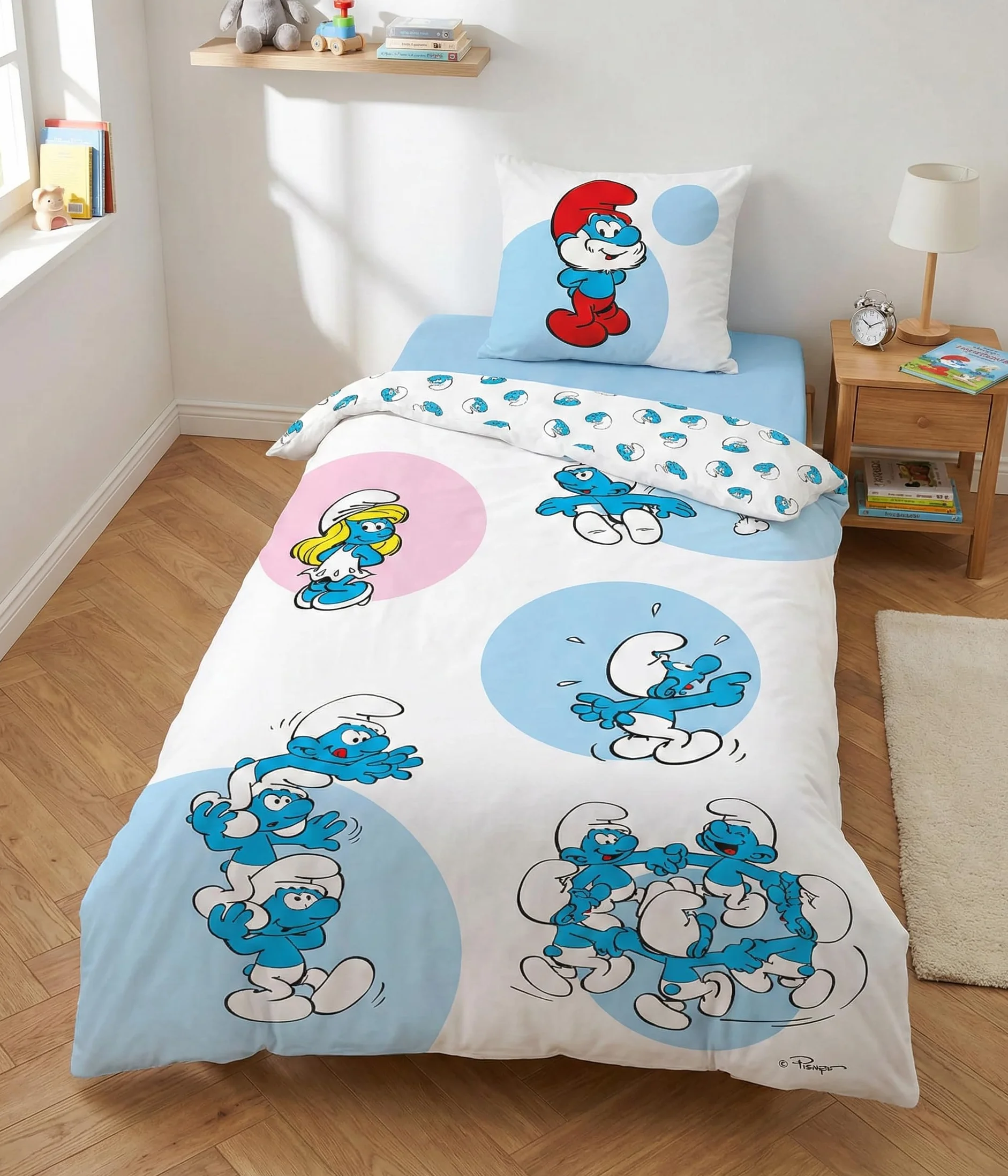 Schlümpfe Weiß Kinderbettwäsche 140x200 + Kissenbezug 65x65 Baumwoll-Misch | Wendebettwäsche Einzelbett | Baumwoll-Mischgewebe schnelltrocknend Oeko-Tex | Peyo Lizenz | Geschenk | Maschinenwaschbar