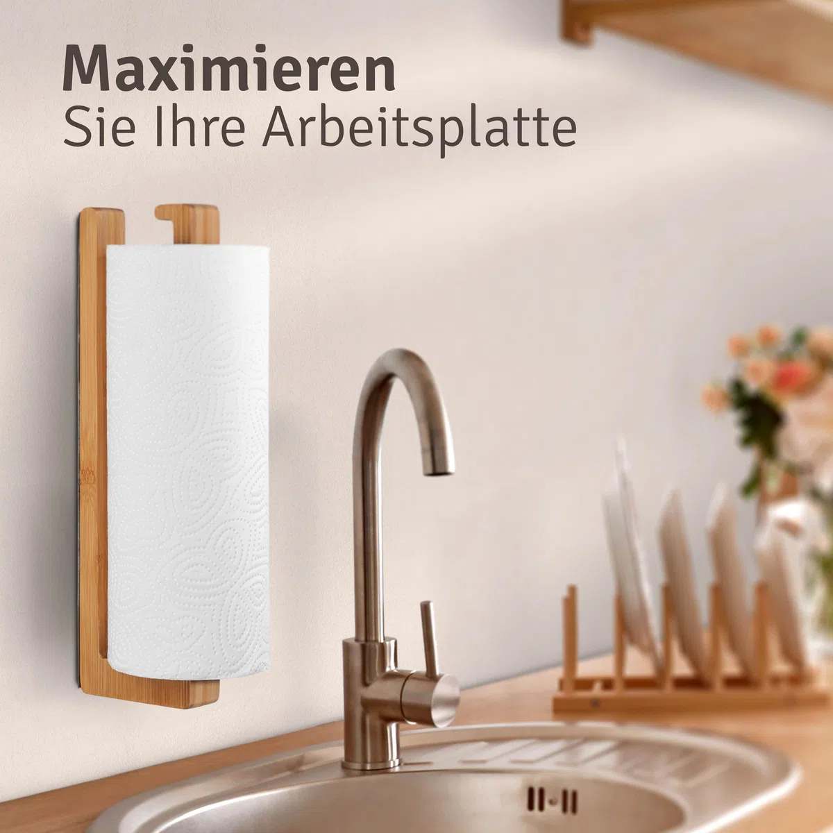 Praknu Küchenrollenhalter ohne Bohren aus FSC® Bambus Holz - Spart Platz in der Küche - Hält Bombenfest - Schnelle Montage