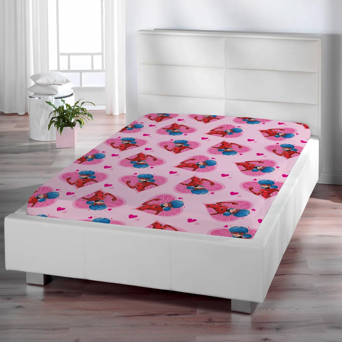 Miraculous Ladybug Spannbettlaken Herz Pink Rosa 90/100 cm x 190/200 cm 100% Baumwolle Marinette Adrien Cat Noir Paris Tikki Lady Bug Spannlaken Bettlaken Spannbetttuch Passend zur Bettwäsche
