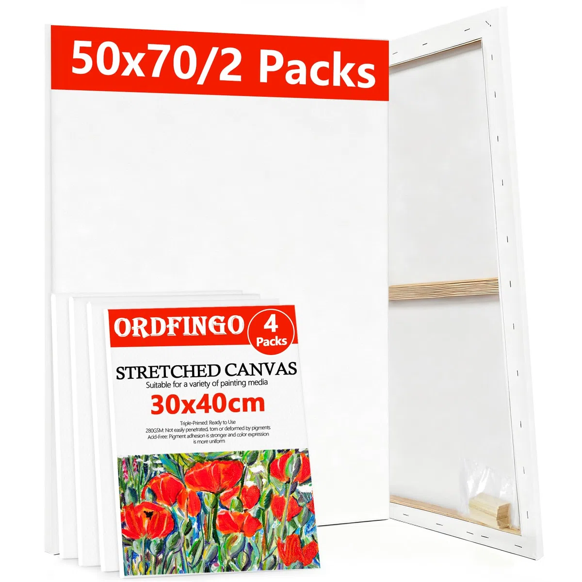 6 Stück Leinwand zum Bemalen 50x70cm - 2 Stück, 30x40cm - 4 Stück, 280g/m² groß keilrahmen Leinwände Set mit Holzkeile, Weiß Canvas für Ölgemälde, Acrylfarben, Aquarell, Gouache