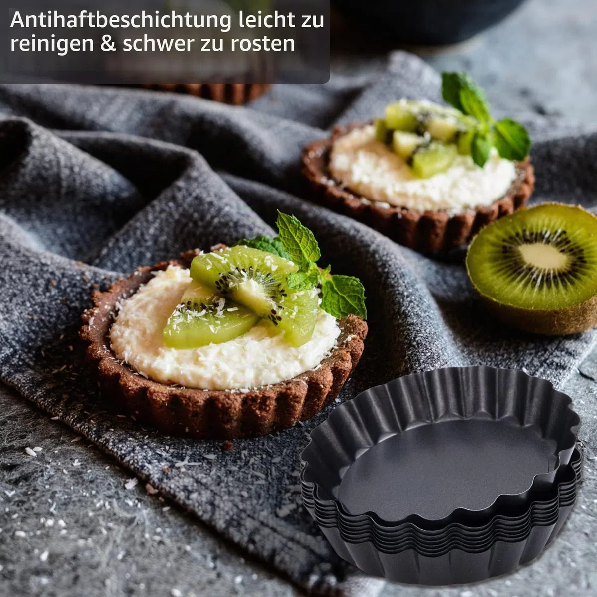 Tarteform mit Hebeboden, 8 Stück Quicheform Klein Tartelette Förmchen Abnehmbare Basis, Antihaftbeschichtung 10 cm Rund Pie Form, Obstkuchenform Tarte Backform Wellenrand