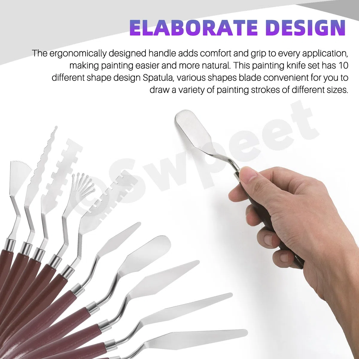 Swpeet 10Pcs 10 verschiedene Arten Edelstahl Spatel Palette Messer Set, Acryl Holzgriff Malerei Palette Messer Mixing Schaber Palette Messer Spatel Messer Set für Ölfarbe Leinwand
