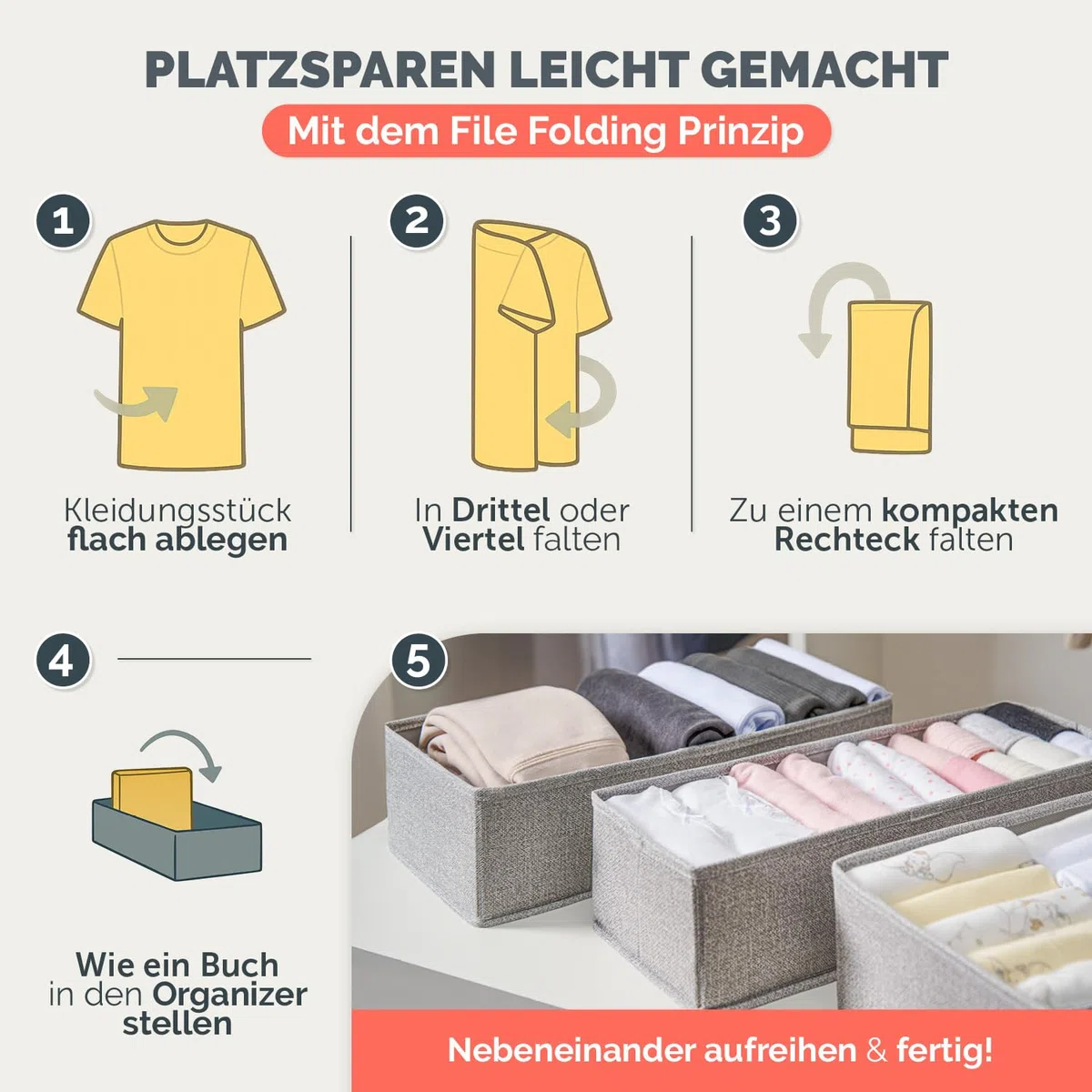 Blumtal Organizer Ordnungssystem Kleiderschrank 5er Set passend für HEMNES - 5 versch. Kleiderschrank Organizer für HEMNES Kommoden - Faltboxen für BHs, T-Shirts - Socken Aufbewahrung - Organizer Grau