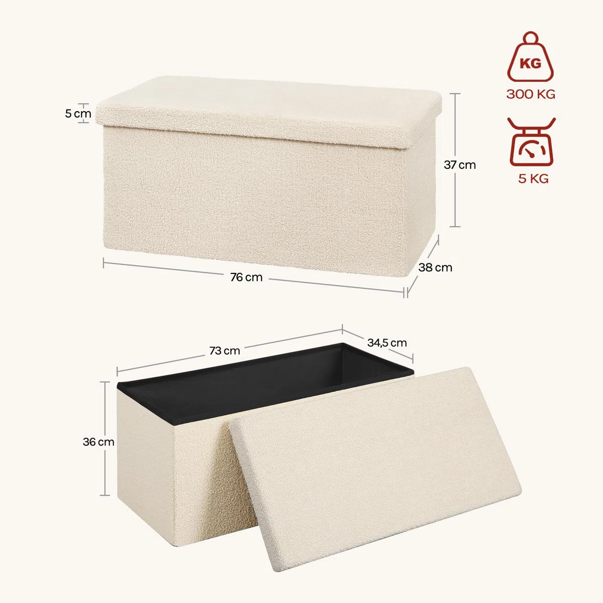 WOLTU Sitzhocker mit Stauraum, für Wohnzimmer Schlafzimmer Flur, klappbare Sitztruhe mit Deckel, aus Teddyfleece und MDF, 80 L, 76 x 37 x 38 cm, Beige