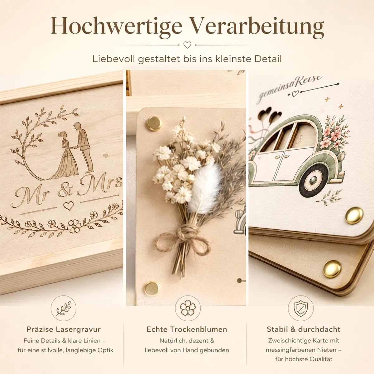Geldgeschenk Hochzeit Holz, Hochzeitsgeschenk für Brautpaar mit Geschenkbox, Holzkarte, Hochzeitskarte & Trockenblumen, Geldgeschenke zur Hochzeit, Flitterwochen