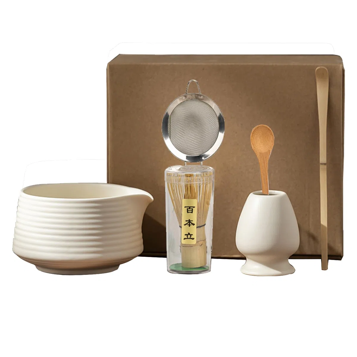 6 Piece Matcha Tea Set Beige Weiß,Matcha Besen Set, with Matcha Whisk, Matcha Broom,Matcha Schale,Matcha Bowl with Spout,Matcha Besen Halter,Bamboo Spoon,Perfect Matcha Starter Set,Japanisches Tee-Set