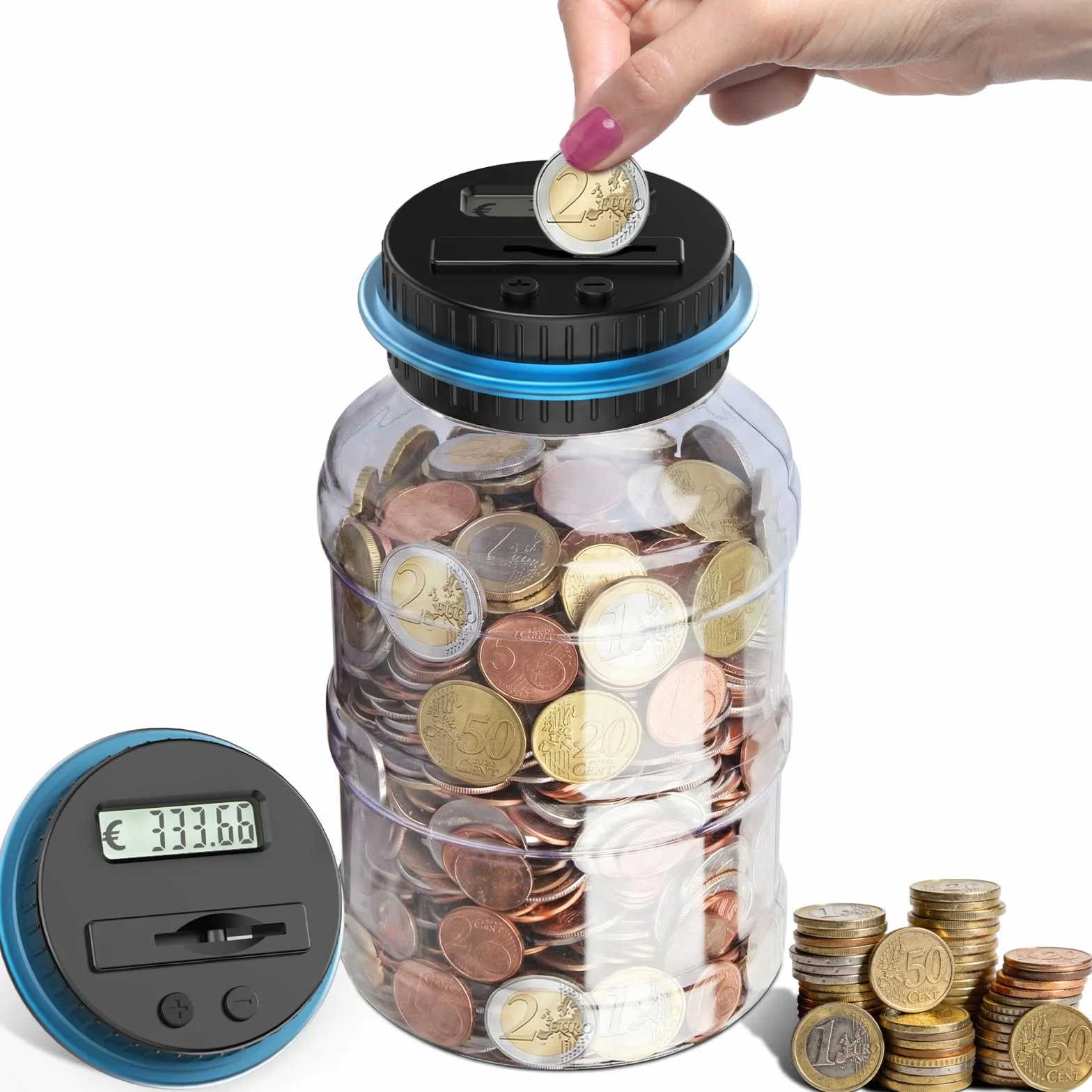 Pup Go Digitale Spardose mit Zähler, 1.8L Münzzähler Groß mit LCD Display, Sparschwein Personalisiert für Kinder Jungen Mädchen und Erwachsene, Durchsichtig Elektrische Sparbüchse Zählwerk XXL
