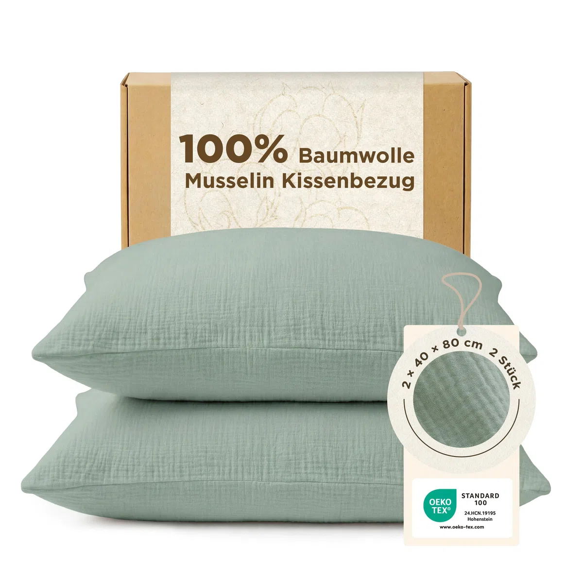 BEDSURE Musselin Kissenbezug 40 x 80 2er Set - 100% Baumwolle Kopfkissenbezug 40x80, Muslin Kissenbezüge 2 Teilig mit Reißverschluss, Oeko-TEX Zertifiziert, Sommer Kopfkissenbezüge Sommergrün