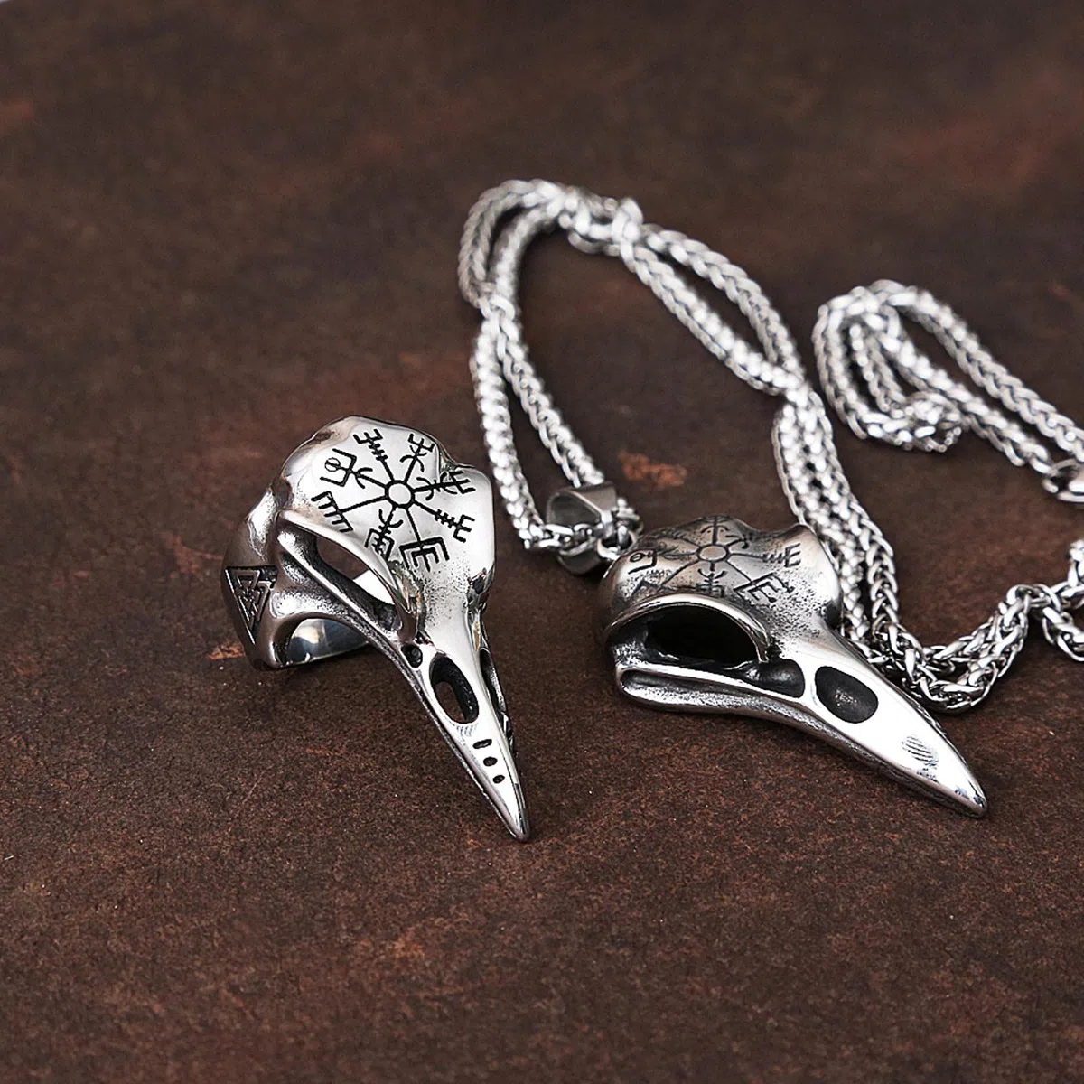 Odin Crow Skull Herrenring Gothic Edelstahl Kompass Ringe für Herren Wikinger Valknut Ring Amulett Muster Schmuck Geschenk