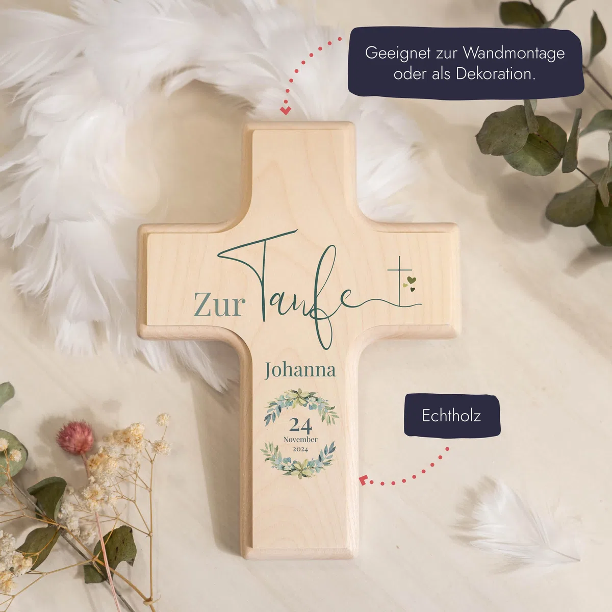 Taufkreuz personalisiert mit Namen zur Taufe aus Holz - 19x14cm - Taufgeschenk für Junge/Mädchen - Geschenkideen zur Taufe - Deko Kruzifix Wandkreuz für Kinderzimmer - UV-Druck - Kranz - blau