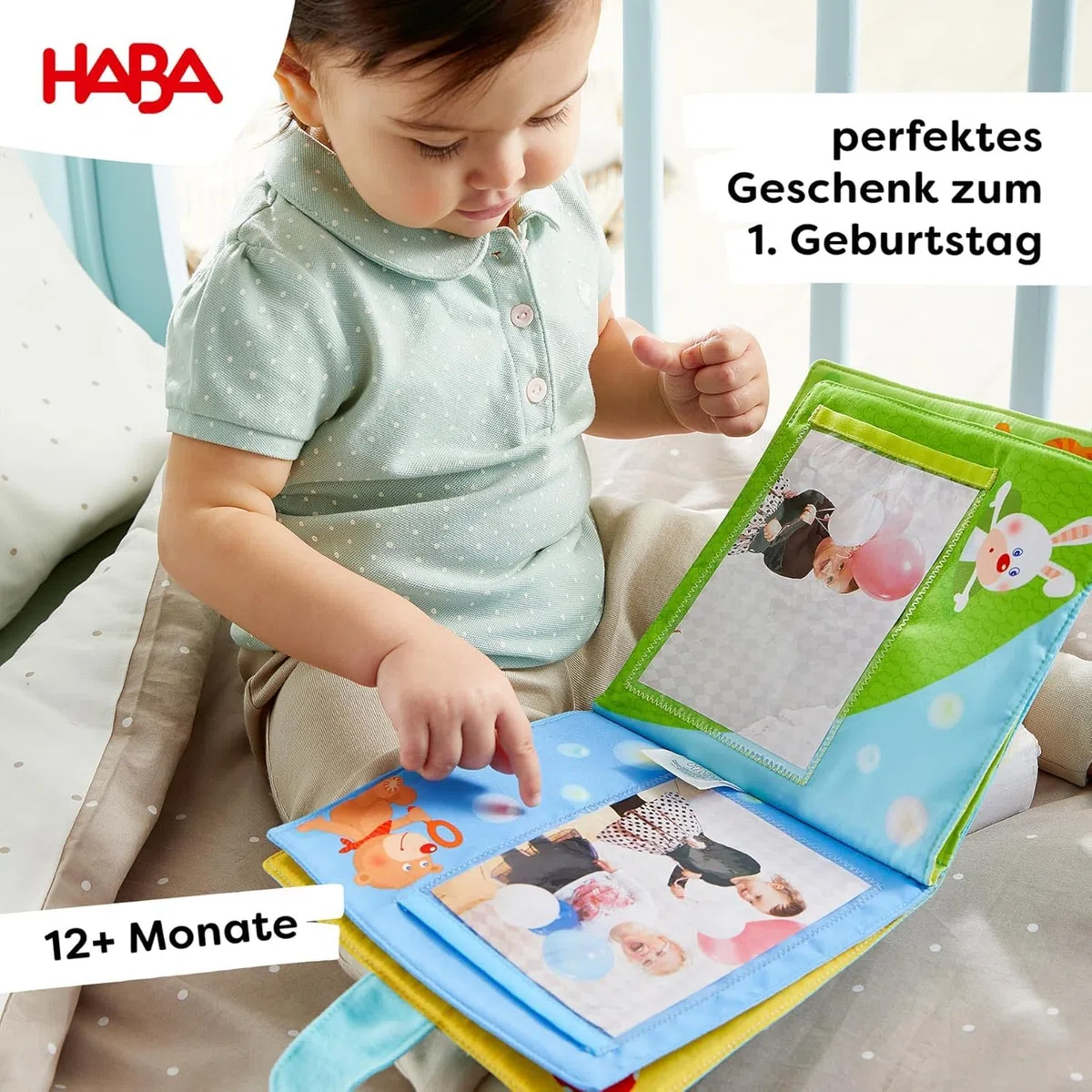 HABA Baby-Fotoalbum: Spielgefährten – Weiches Stoffalbum mit 10 Seiten und 8 Einstecktaschen für Fotos im Format 10 x 15 cm, Babyalbum ab 12 Monaten – 1303143001