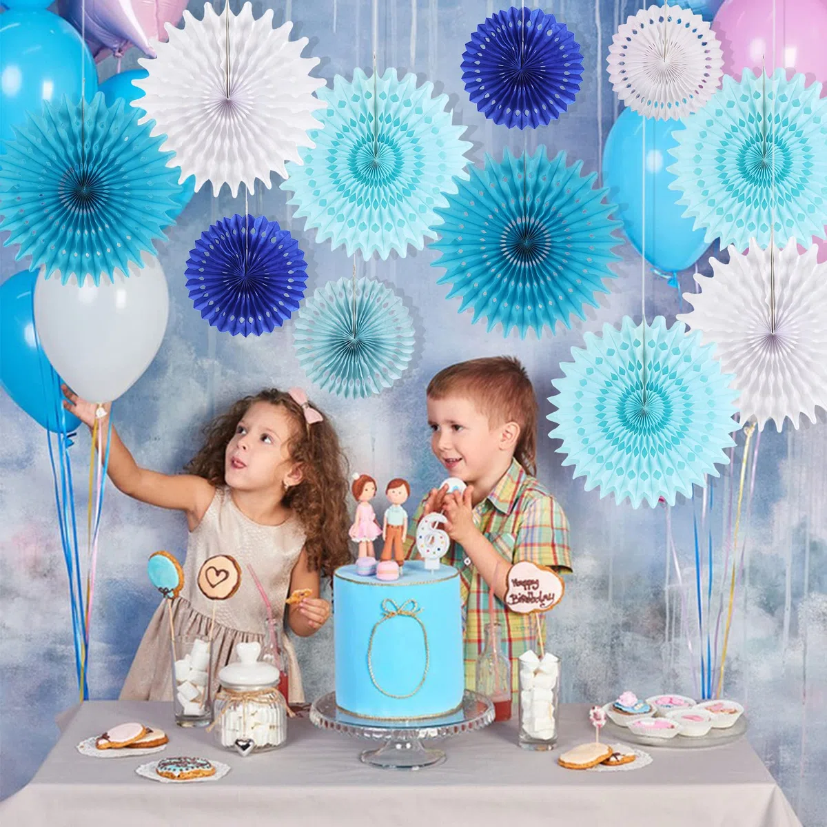 SUNBEAUTY 13 Stücke Papier Fächer Hängend Papiergirlande Blau und Weiß deko für Geburtstag, Hochzeiten, Baby Shower, Party Dekoration