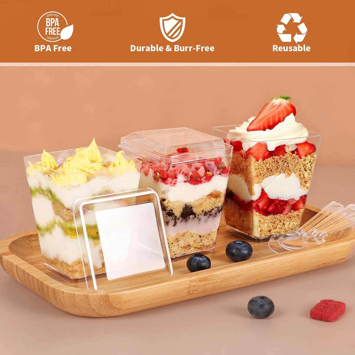 50 Stück Dessertgläser,5OZ/160ML Dessertbecher Plastik,Wiederverwendbar Quadratischer Dessertbecher,Klar Dessertschalen mit Deckel,Für Mousse Pudding Eiscreme Buffet Party Geburtstag Picknick