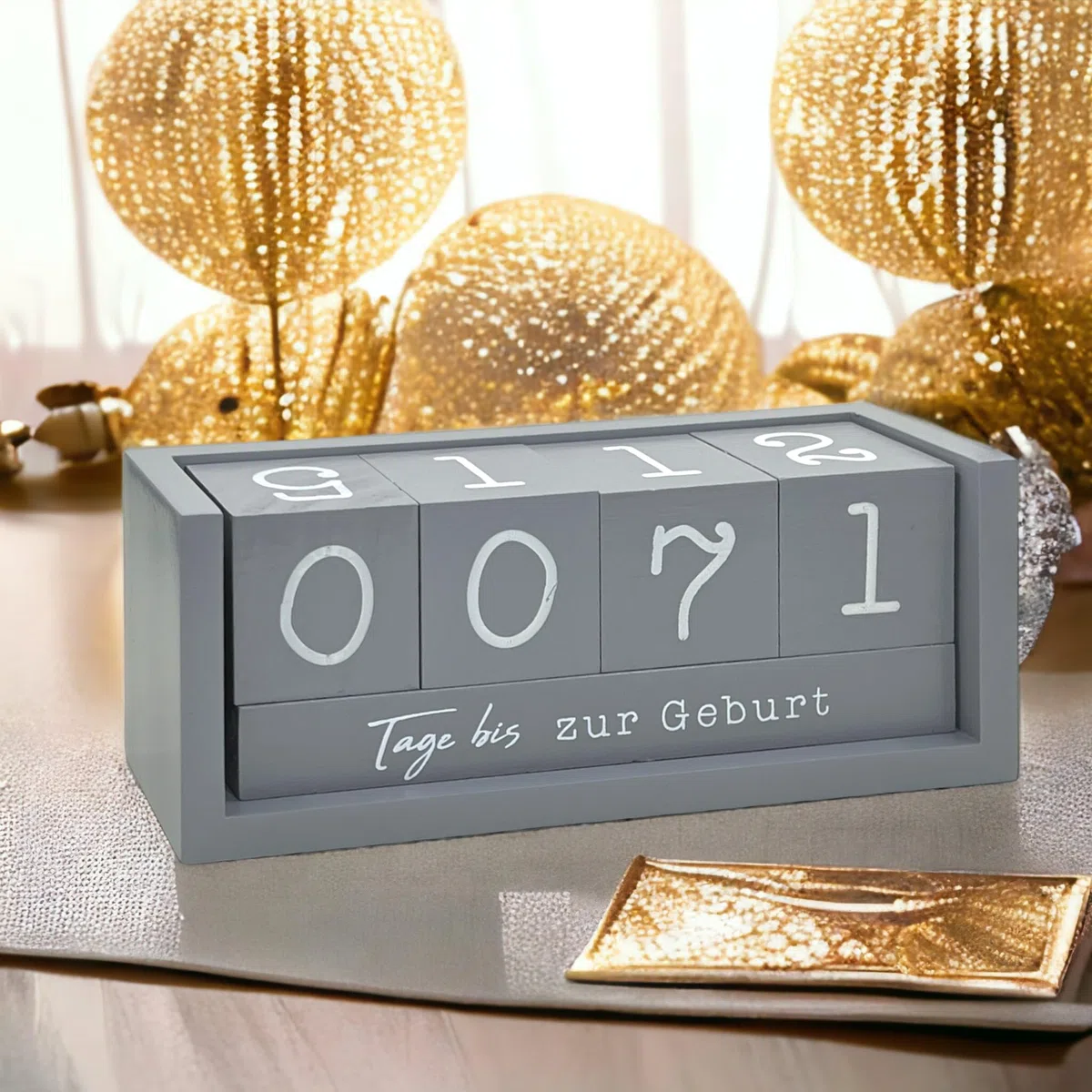 Jahres Countdown Kalender Würfel aus Holz mit Themenleiste - Dauer-Jahre-Tisch-Kalender - Lückenlose Tagezählung bis zu 432 Tagen für Hochzeiten, Geburtstage, Prüfungen und mehr (Grau)