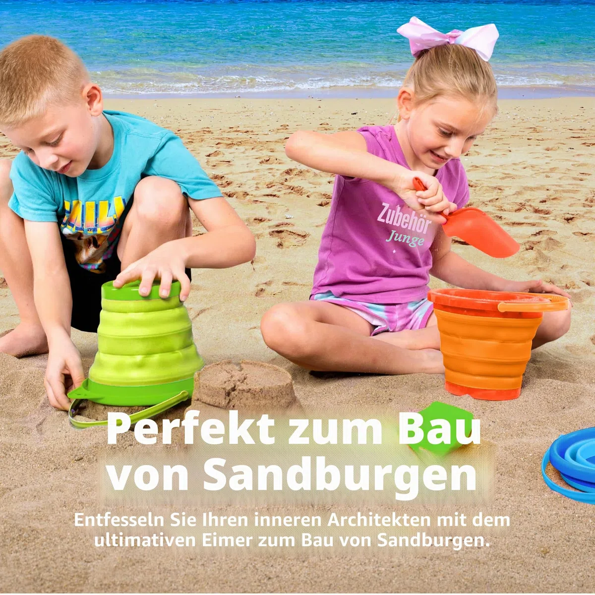 JOYIN 3 Pack Runde, Faltbare Eimer mit Schaufeln und Netzbeutel, Faltbare Eimer für Verschiedene Zwecke am Strand (Orange/Blau/Grün)