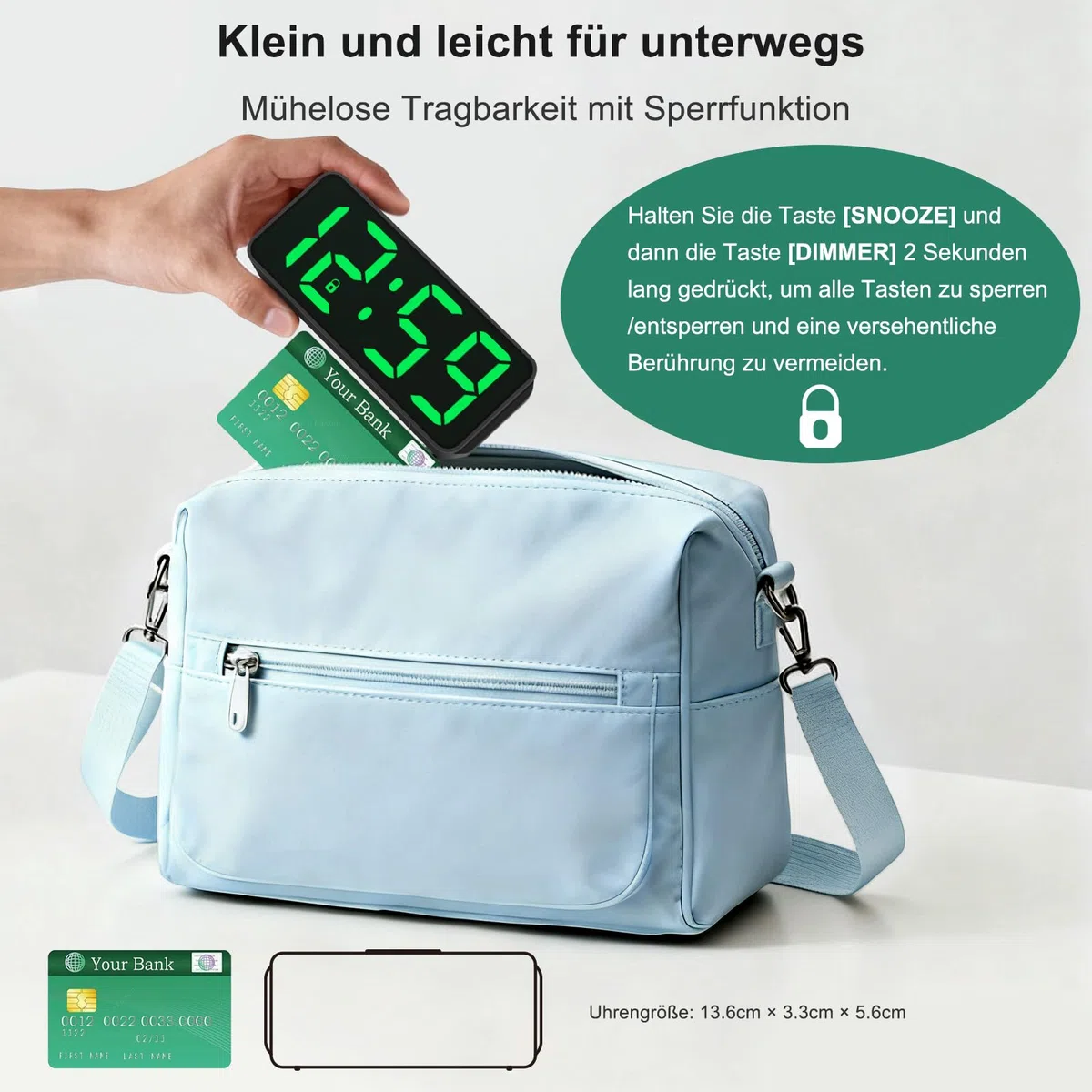 Eachui Wecker Digital Batteriebetrieben, Automatischer Dimmer, Ohne Ticken wecker für Kinder Kleiner, Uhr Lautstärke und Helligkeit Einstellbar, Snooze, 12/24HR(Grün Ziffern)